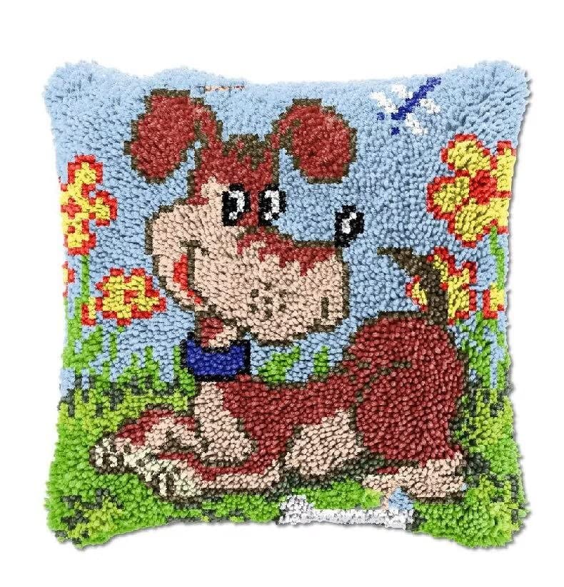 ROCKY&CHAO Latch Hook Kit for Adults & Kids, Complete DIY Cushion Making Craft Kits with Yarn & Canvas and Crochet Needle, Latch Hook Pillow Cover Adult Craft Kits for Women - Little Dog 43x43cm — image 1