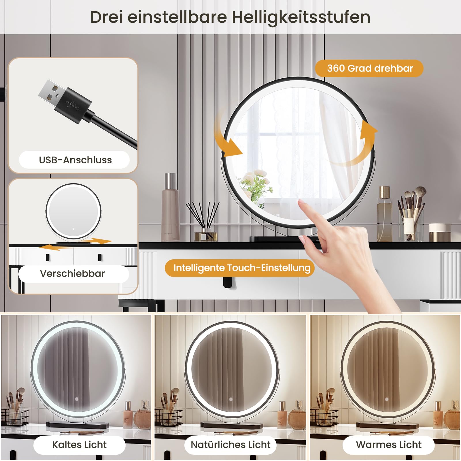 WOLTU Schminktisch mit Spiegel LED & Beleuchtung, 3 Lichtfarben, Moderner Frisiertisch mit 5 Schubladen, 2-in-1 Schreibtisch, Flexibler Unterschrank, für Schlafzimmer, auz Holz, in Weiß+Schwarz