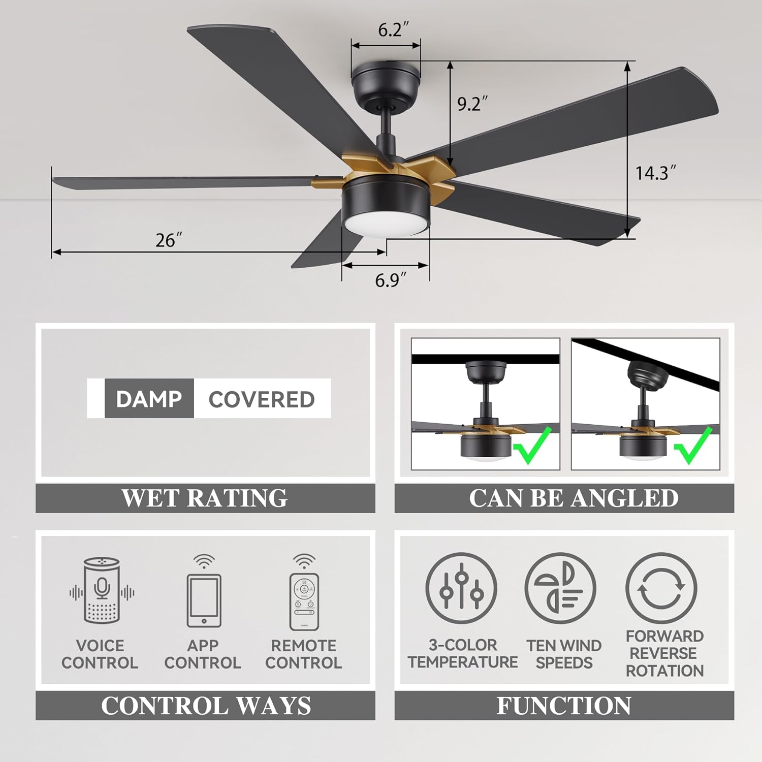 SMAAIR 52 Inch Smart Ceiling Fan with Light, Indoor/Outdoor Ceiling Fan with DC Motor,10-speed,Low Profile,Works with Remote Control/Alexa/Google Assistant/Siri Shortcuts(Black/Gold)