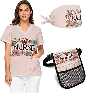 3-Piece Women's Scrubs Set Print with Scrub V-Neck Top & Waist Fanny Pack & Working Cap Medical Uniform with Pockets