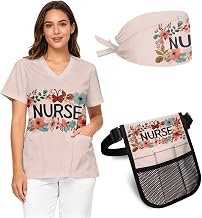 3-Piece Women's Scrubs Set Print with Scrub V-Neck Top & Waist Fanny Pack & Working Cap Medical Uniform with Pockets