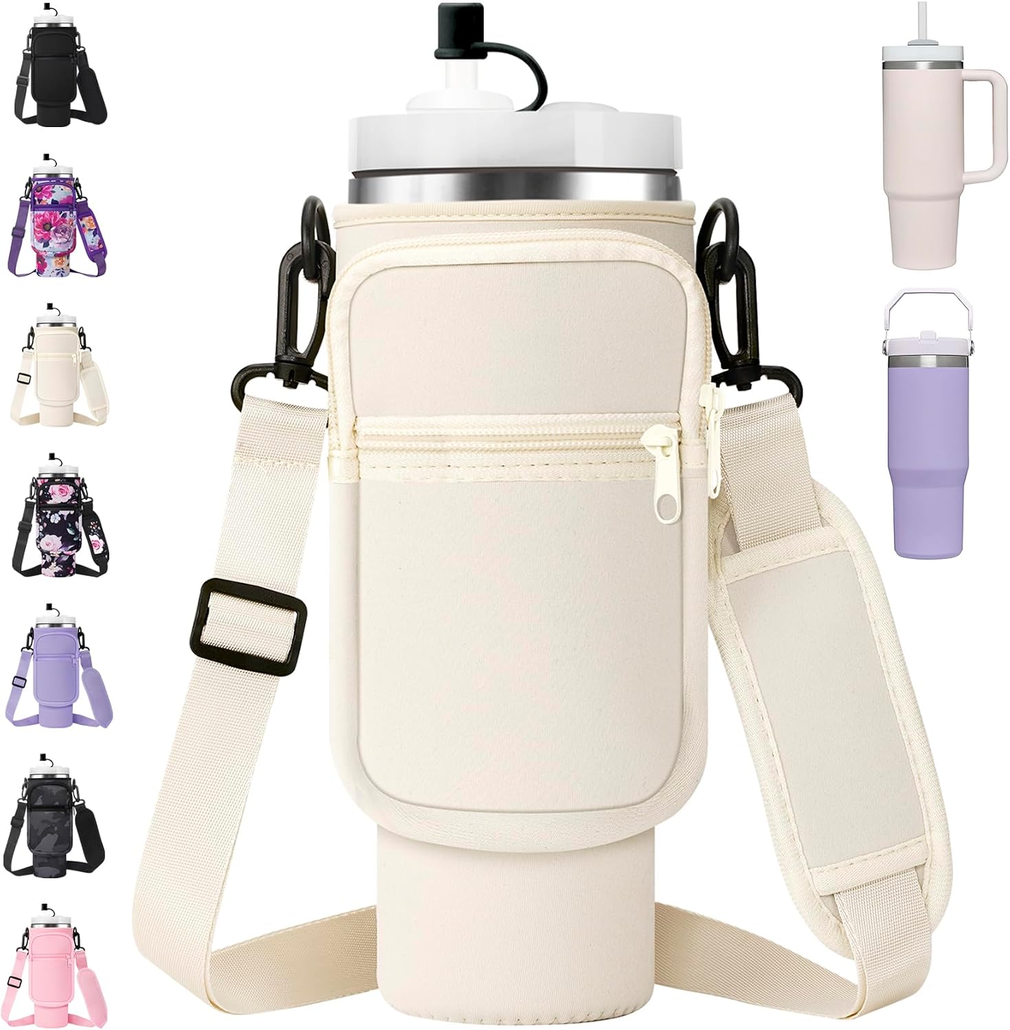AceTreker Water Bottle Carrier Bag with Strap for Stanley 40/30 oz Tumbler Neoprene Insulated Cup Holder Sleeve with Phone Pocket & Straw Cover for Stanley Cup Accessories