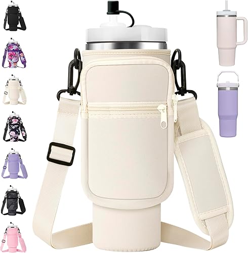 Bolsa de transporte para botella de agua con correa para vaso Stanley de 4030 onzas, funda aislante de neopreno con bolsillo para teléfono y funda