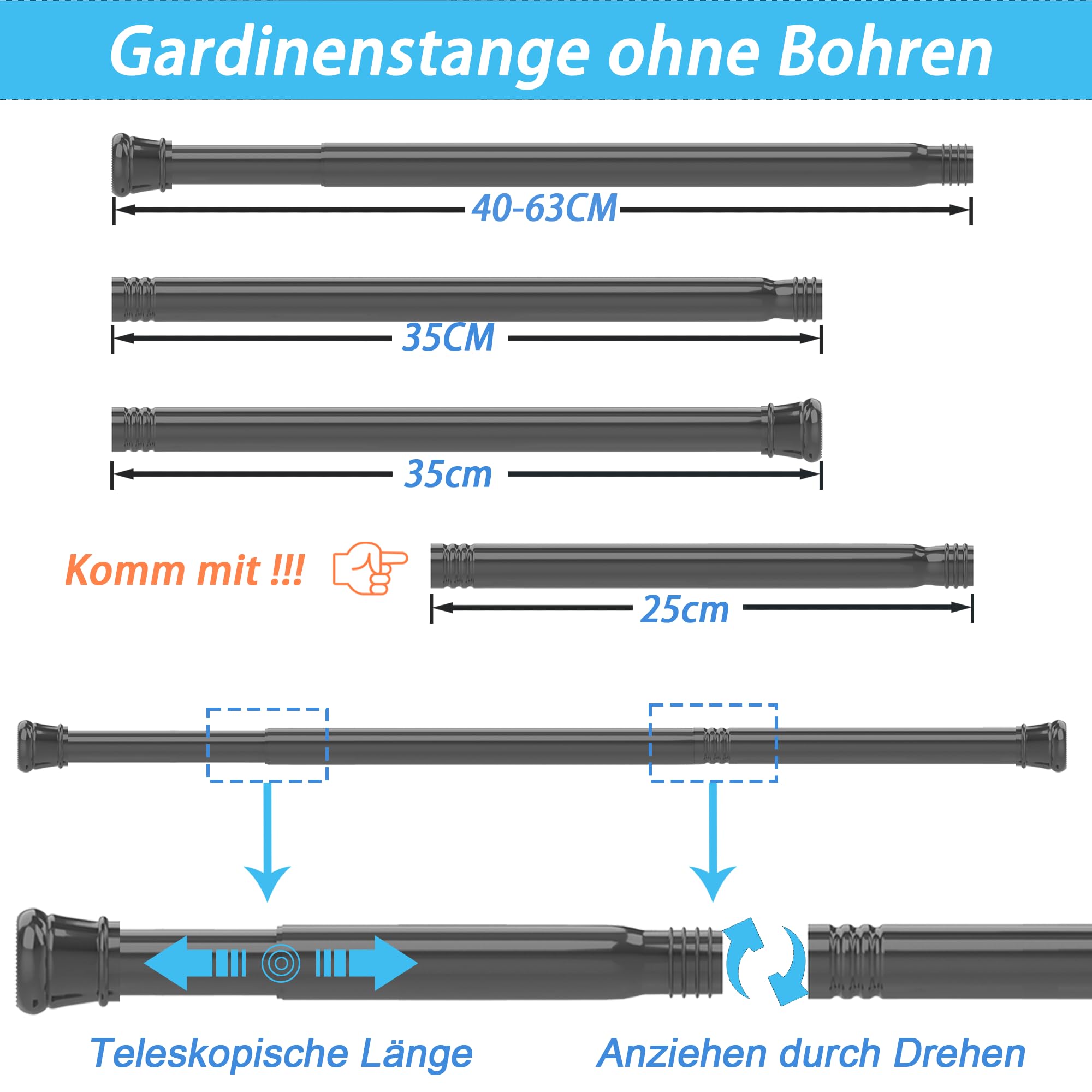 Bastone Tenda a Pressione Senza Forare, Lunghezza 73-145cm, Diametro 25mm, Bianco (1 Pezzo)