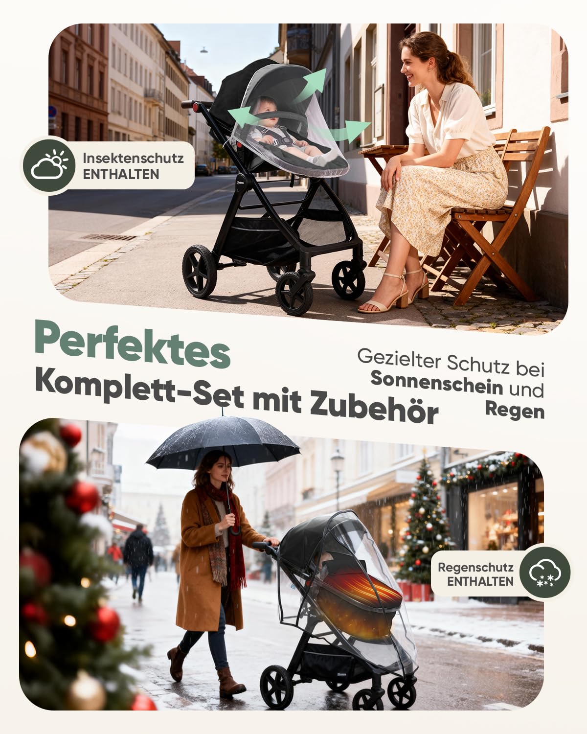 Sekey Kombi Kinderwagen Baby 3 in 1 Komplettset mit Regenschutz und Moskitonetz, Kinderwagen mit Liegefunktion bis 25kg, 0 bis 4 Jahre, 4-Rad-Federung, 5 Punkt-Gurt mit Reflektor, BW600, Schwarz