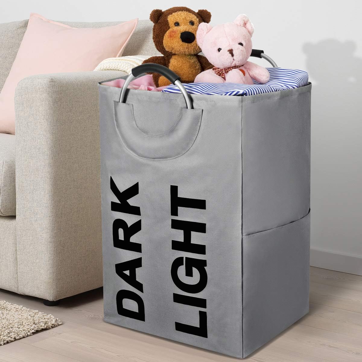 Chrislley Large Laundry Hamper Double Laundry Basket 2 Section Laundry Bag with Handles Foldable Hamper for Laundry Easily Transport Collapsible Clothes Hamper (Dark grey)