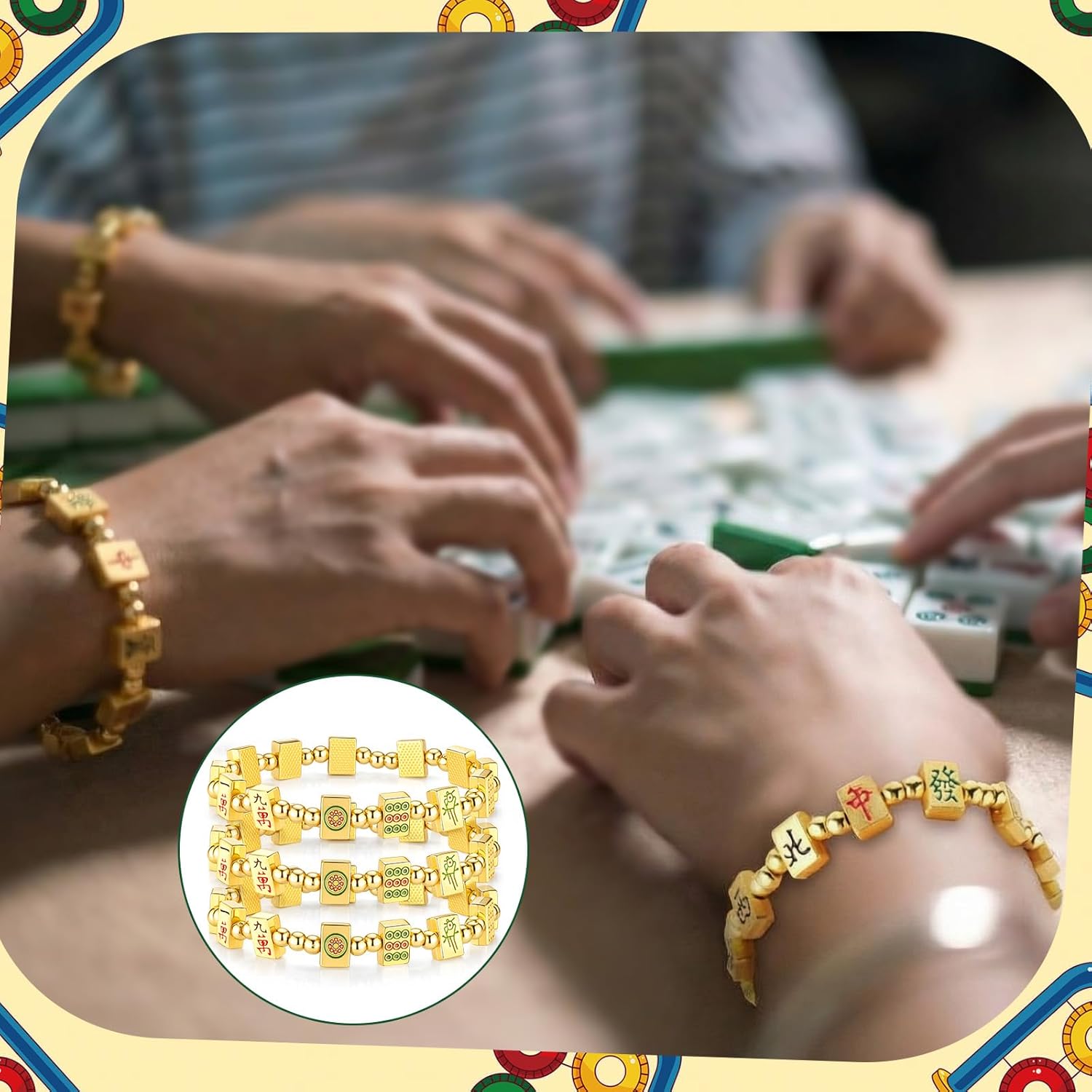 Kenning 10 Piece Gold Beaded Mahjong Bracelets Bulk Stretch Mahj Letter Charm Bracelet Set for Women Mahjong Lovers Mah Jong Game Night Party Favors Friendship Jewelry Gifts
