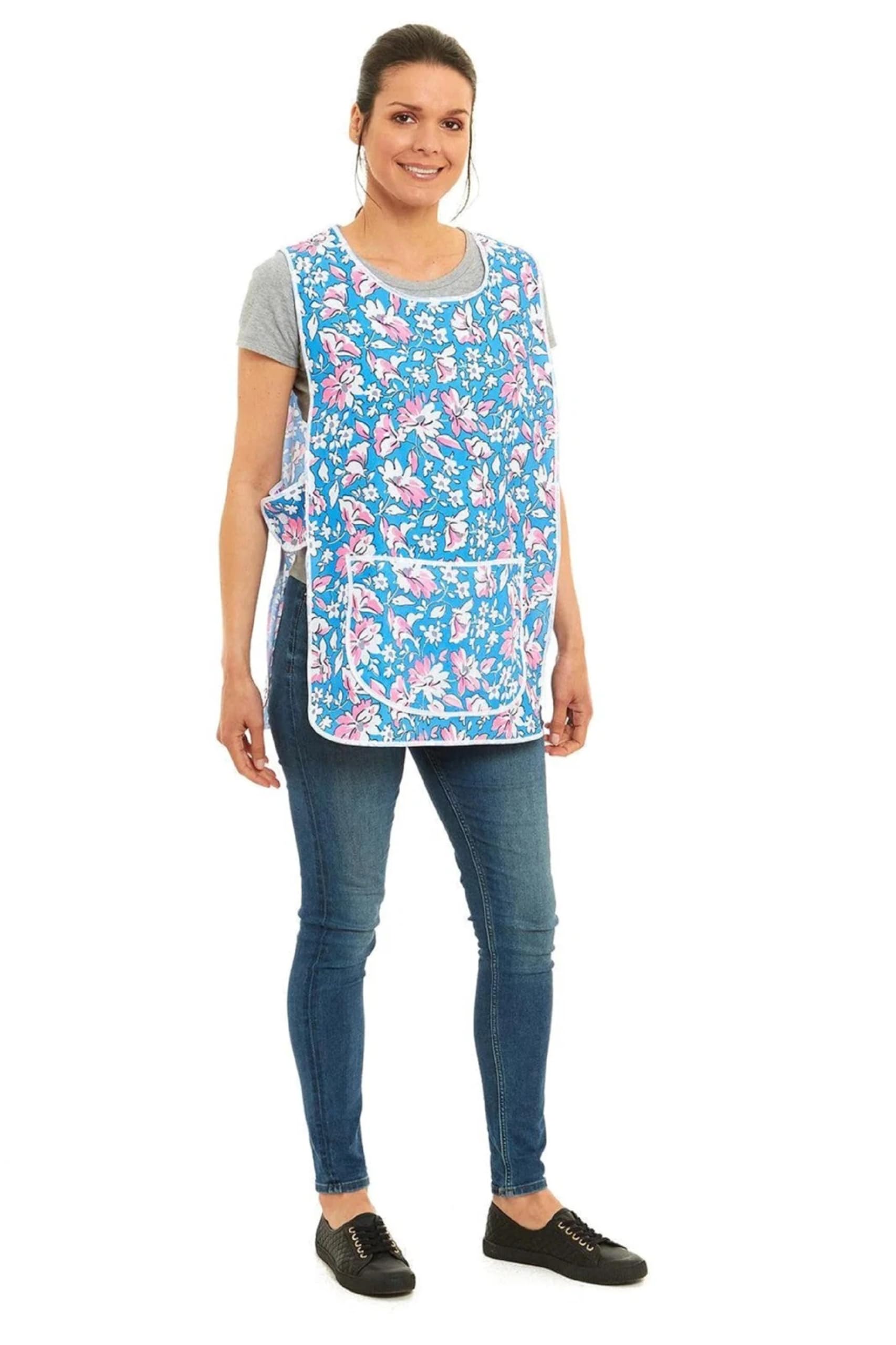AN Direct Womens Home Work Kitchen Catering Cleaning Bar Floral Print Large Front Pocket Side Fastening Apron Tabard (Blue, S) — image 1