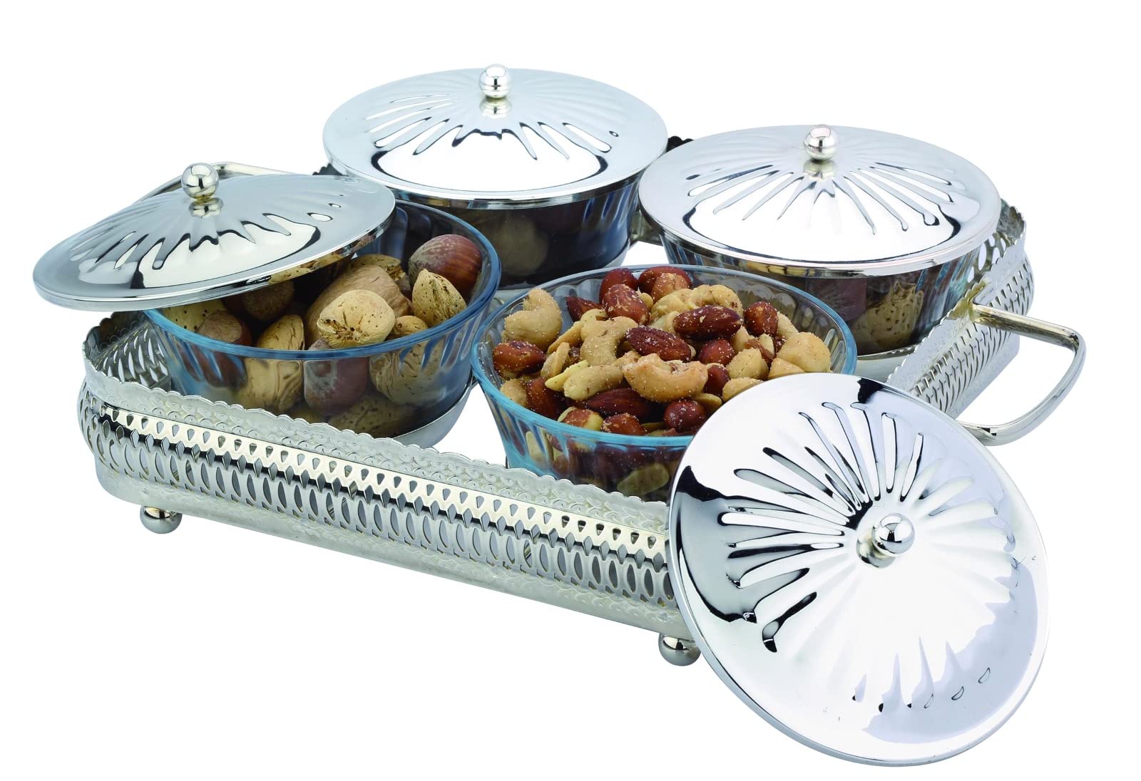Rigeli Regent VICTORIA White Bronze plated 4 Compartment Party Set Stainless Steel square round with a metal cap 4 Compartment Serving Bowls for Candy, Nuts, Fruit, Veggies, pulses