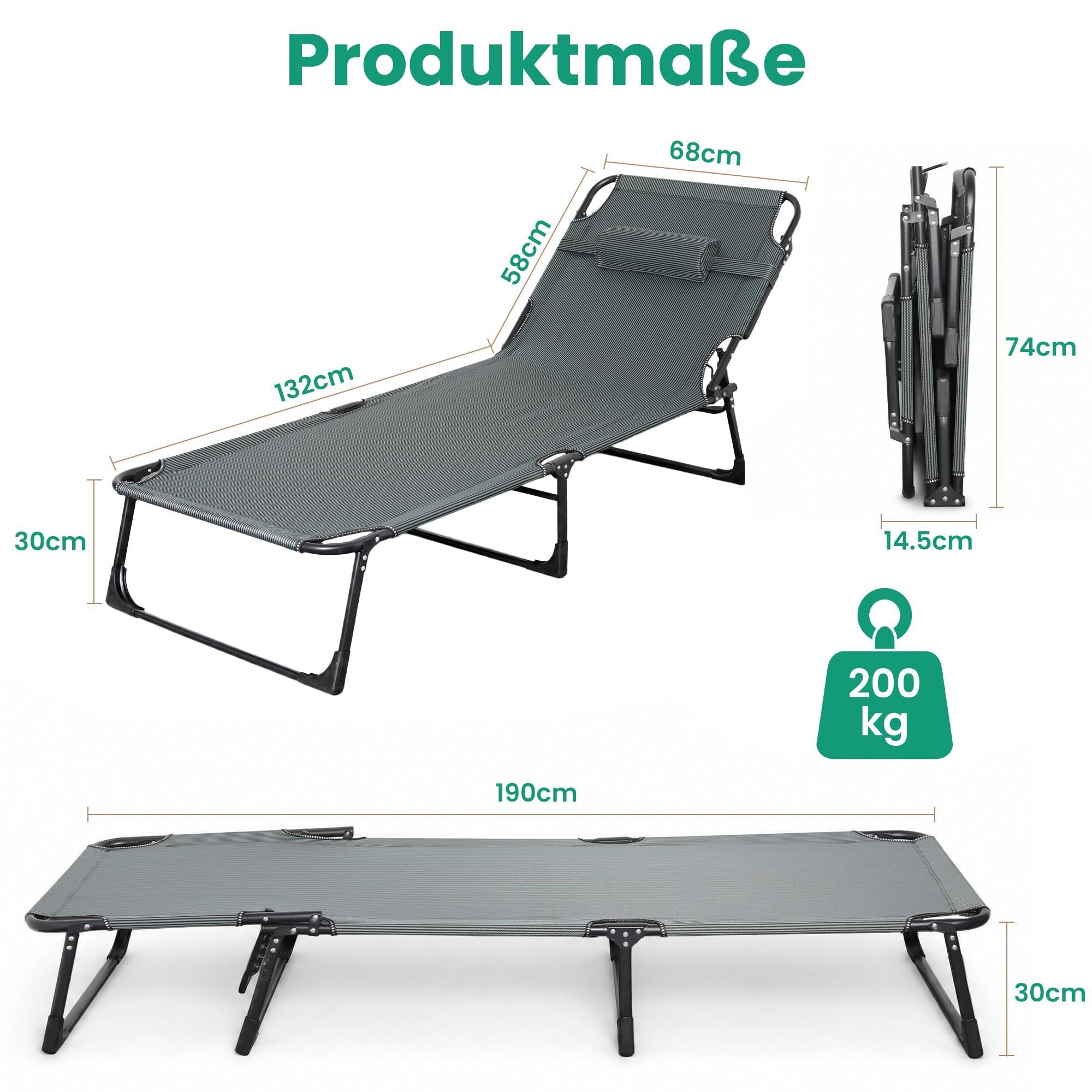 Campingbett Feldbett klappbar 190×68×30 cm, Tragfähigkeit 200 KG, Faltbar Gästebett Klappbett mit Matratze und Kopfstütze für Balkon, Garten, Strand, Büro (Grau)