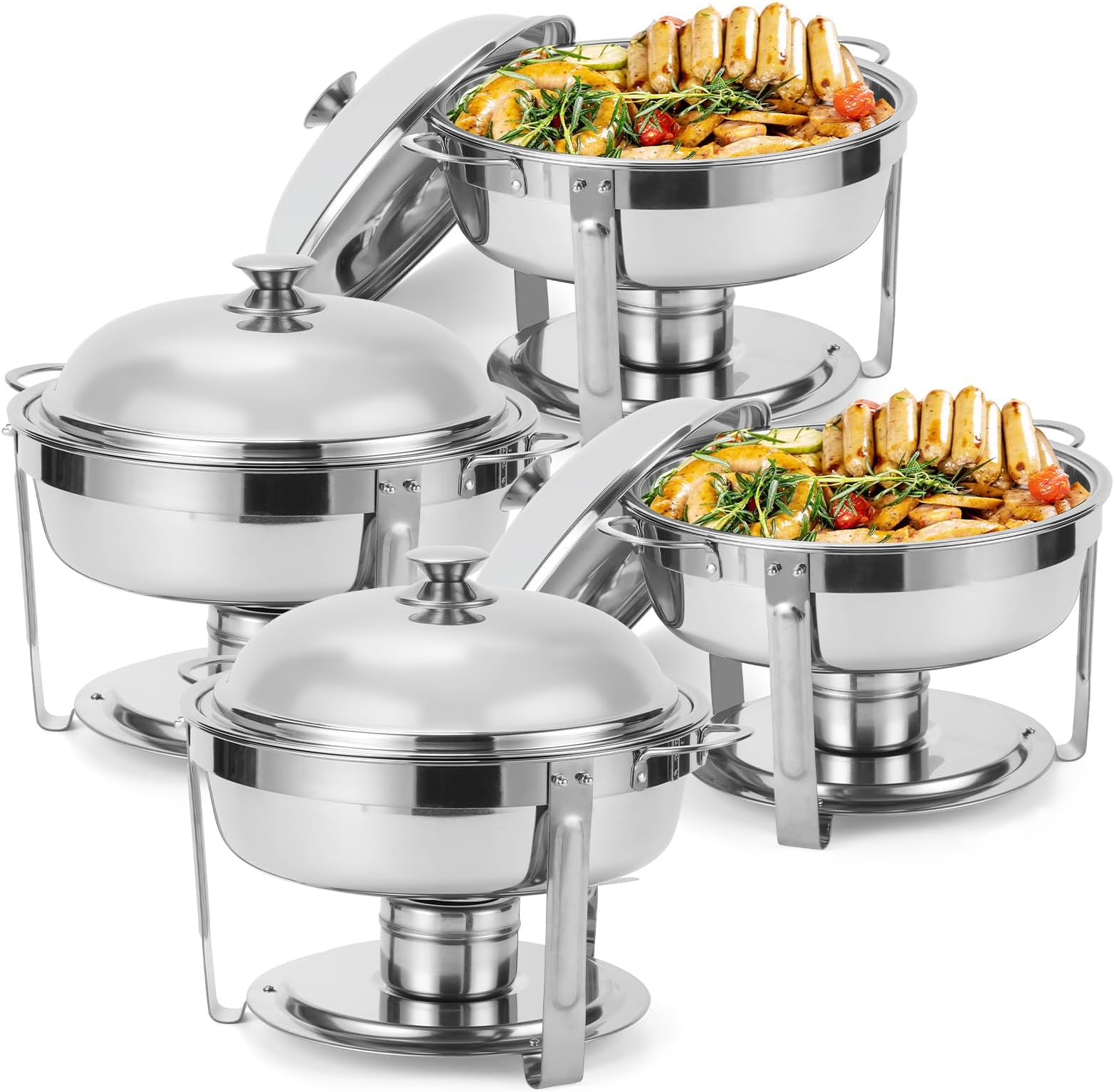 5 Qt Chafing Dish Buffet Set with Stainless Steel Lid, Round Chafers and Buffet Warmers Sets with Food and Water Trays for Catering, Parties, Hotels and Weddings, Silver, 4 Pack