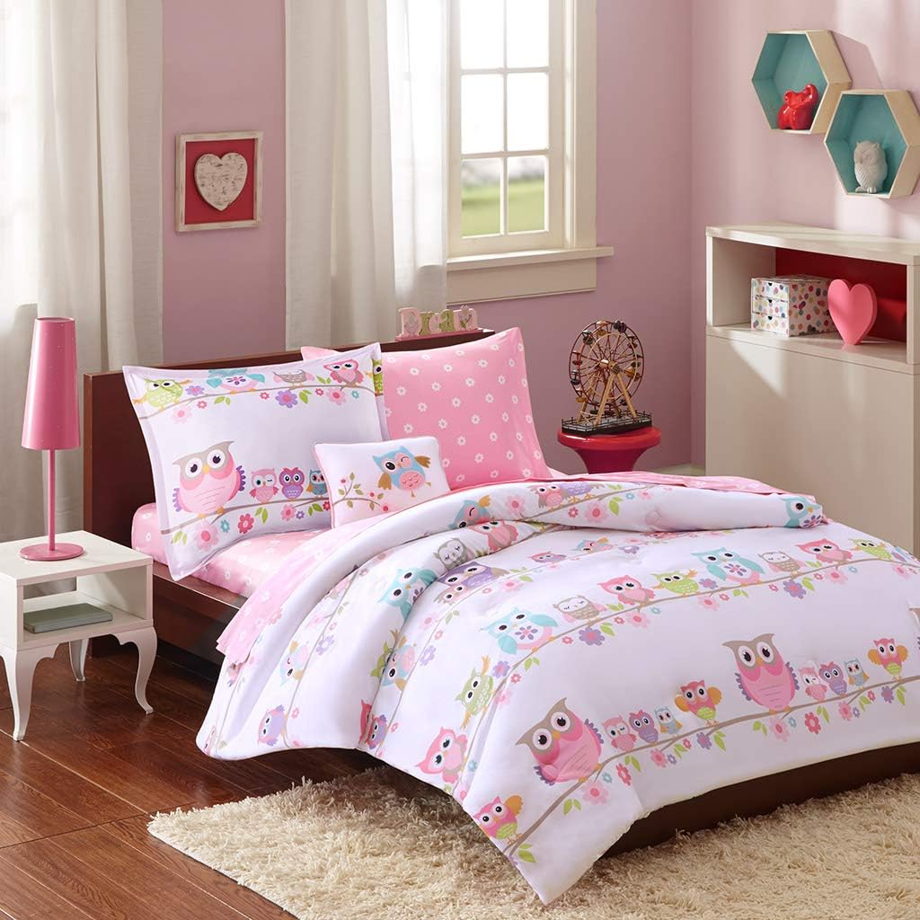 Mi Zone Kids Wise Wendy Bag in A Bag Sets For Girls, Owl Kids Girl Bedding Set – Ultra Soft Microfiber Childrens Bedroom Bed Comforters, Full, White 8 Piece