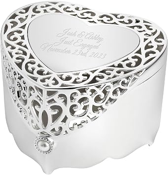 THINGS REMEMBERED Engraved Silver Tone Engagement Filigree Heart Keepsake Box Free Customization