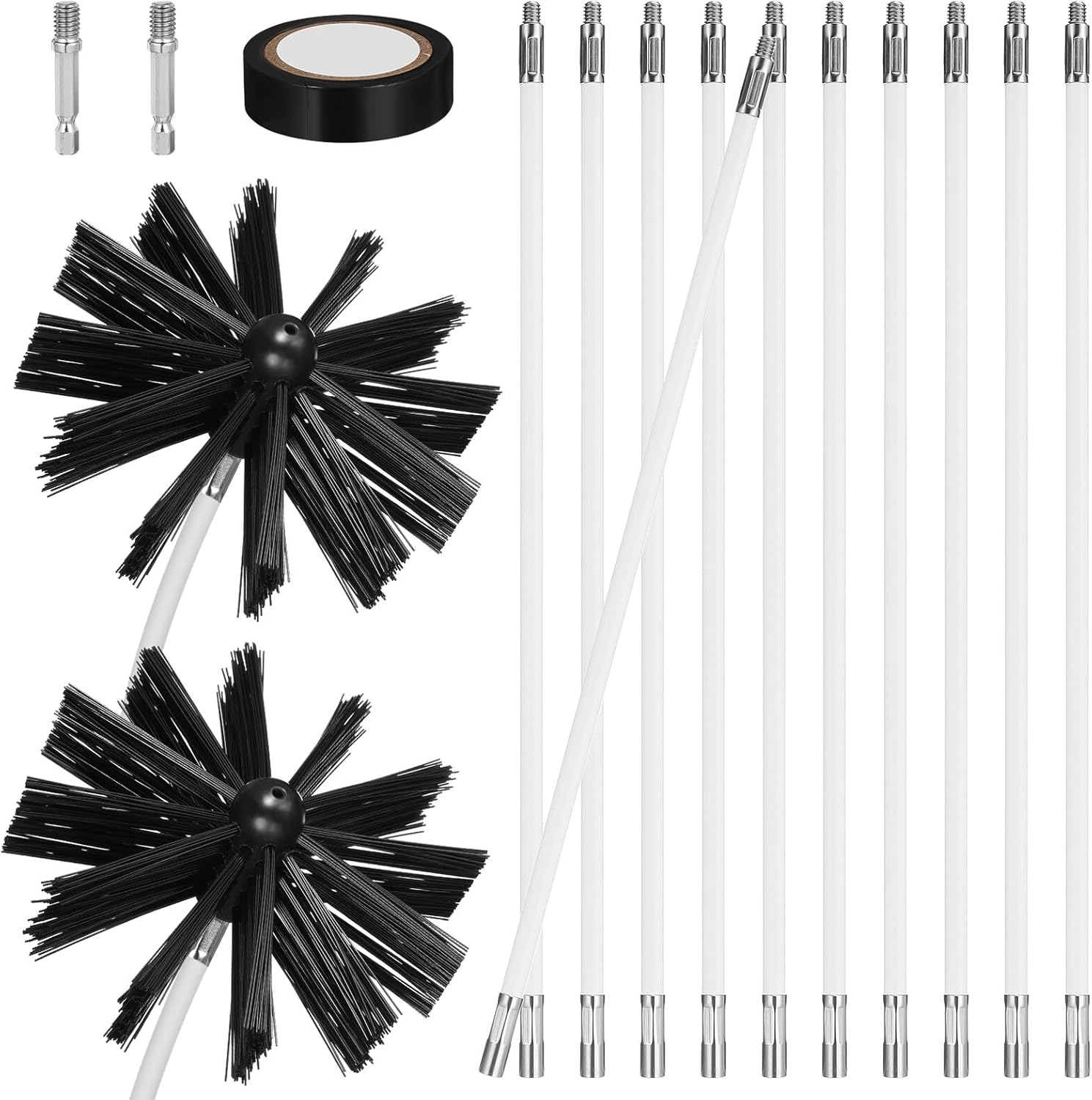 30ft Chimney Cleaning Brush Kit with 23 Rods, 2 Six-inch Brush Heads, and Hex Connectors – Dryer Vent and Fireplace Duct Cleaner Set for Home Chimney Sweep and Air Duct Maintenance