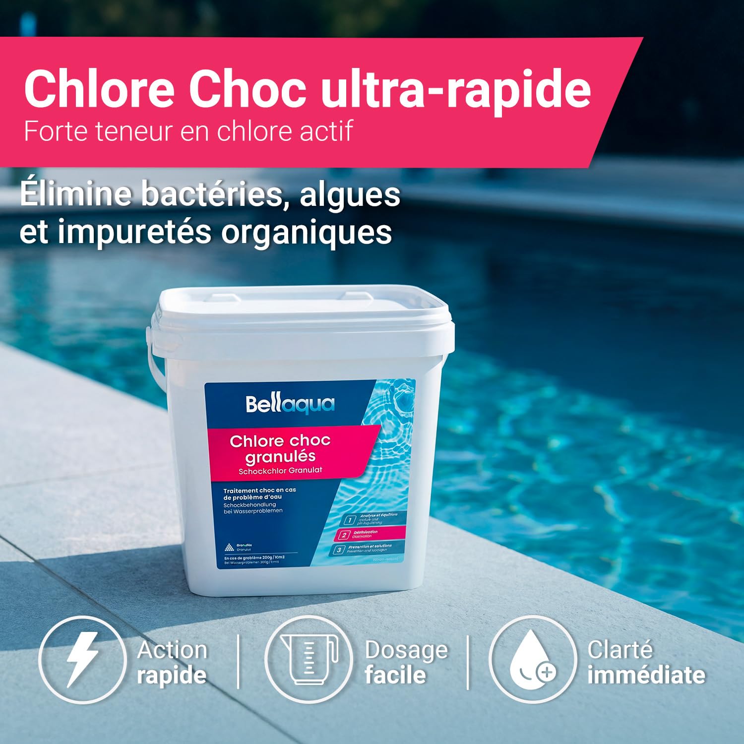 Bellaqua Chlore Choc Piscine 5 kg - Granulés Chlore Choc Rapide - Traitement Choc et Entretien Régulier - Désinfection Eau Verte et Eau Trouble