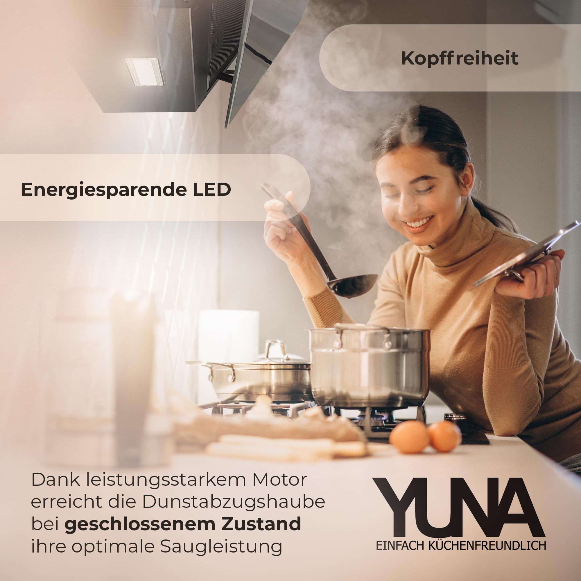 YUNA Dunstabzugshaube DUANA 60 cm Schwarz Glasfront 3 Leistungsstufen Abluft Umluft Kopffrei LED Beleuchtung Ohne Kohlefilter