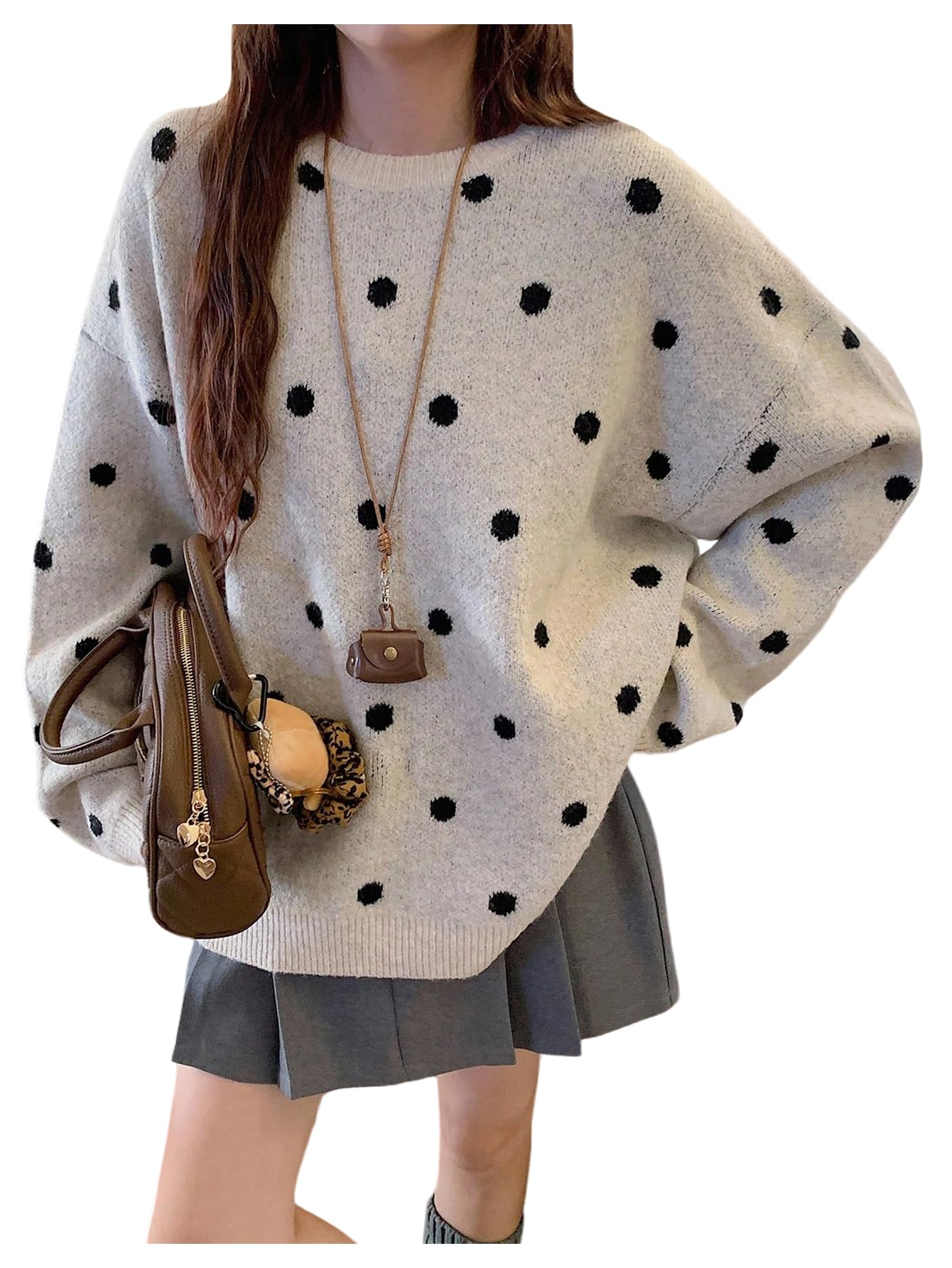 MakeMeChic Womens Winter Christmas Sweaters Grandpa Vintage Striped Oversized Long Sleeve Crew Neck Brown Knit Sweater