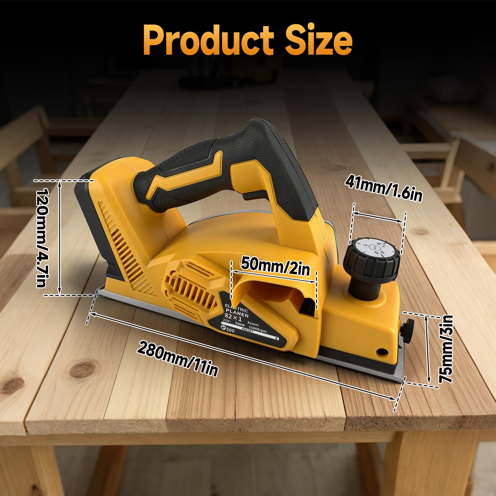 Cepilladora de mano eléctrica inalámbrica compatible con batería Dewalt de 18 V y 20 V, cepilladora eléctrica de madera de mano sin escobillas de 15000 rpm, ancho de corte de 82 mm, profundidad