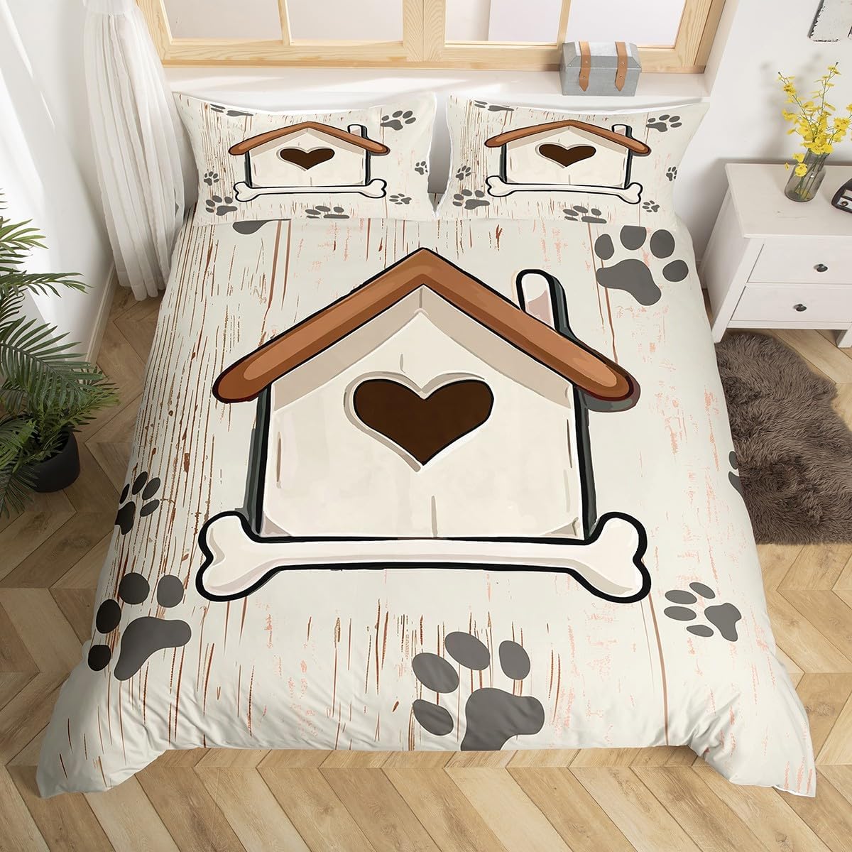 Erosebridal Dog-Hole Duvet Cover Queen | Kawaii Dog Paw Print Comforter Cover Zipper Closure,Farm Wood Texture Bedding Set Pet Animals Wooden Board Bed Set No Comforter,3 Piece with 2 Pillowcases