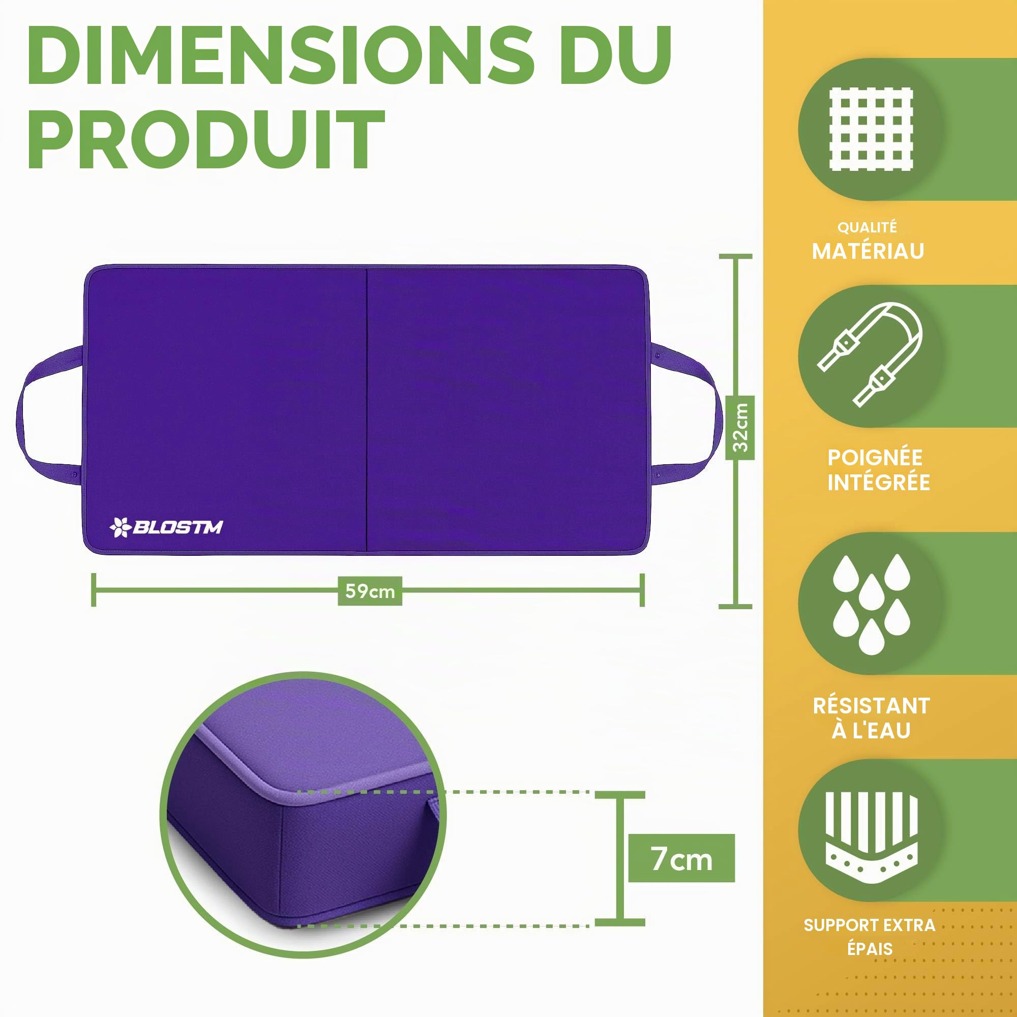 BLOSTM Coussin de Jardin Extra Épais - Grand Coussin de Jardin Pliable avec Poignées - Tapis en Mousse à Mémoire de Haute Densité Résistant à l’Eau pour Jardinage, Travaux Ménagers (Violet)