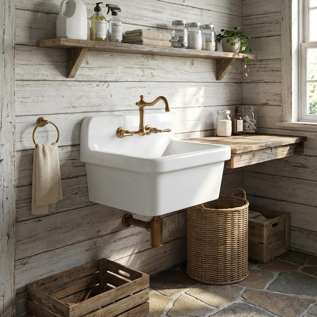 Wall Mounted Laundry Sink 30 × 20 Inch, White Ceramic Utility Sink with Deep Basin, Wall Hung Sink for Laundry Room, Washing and Cleaning Use