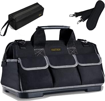 FASTECH 22-inch Wide Mouth Tool Bag with Water Proof Molded Base, Waterproof Tool Organizer Bag for Men with Adjustable Shoulder Strap Grey-22INCH