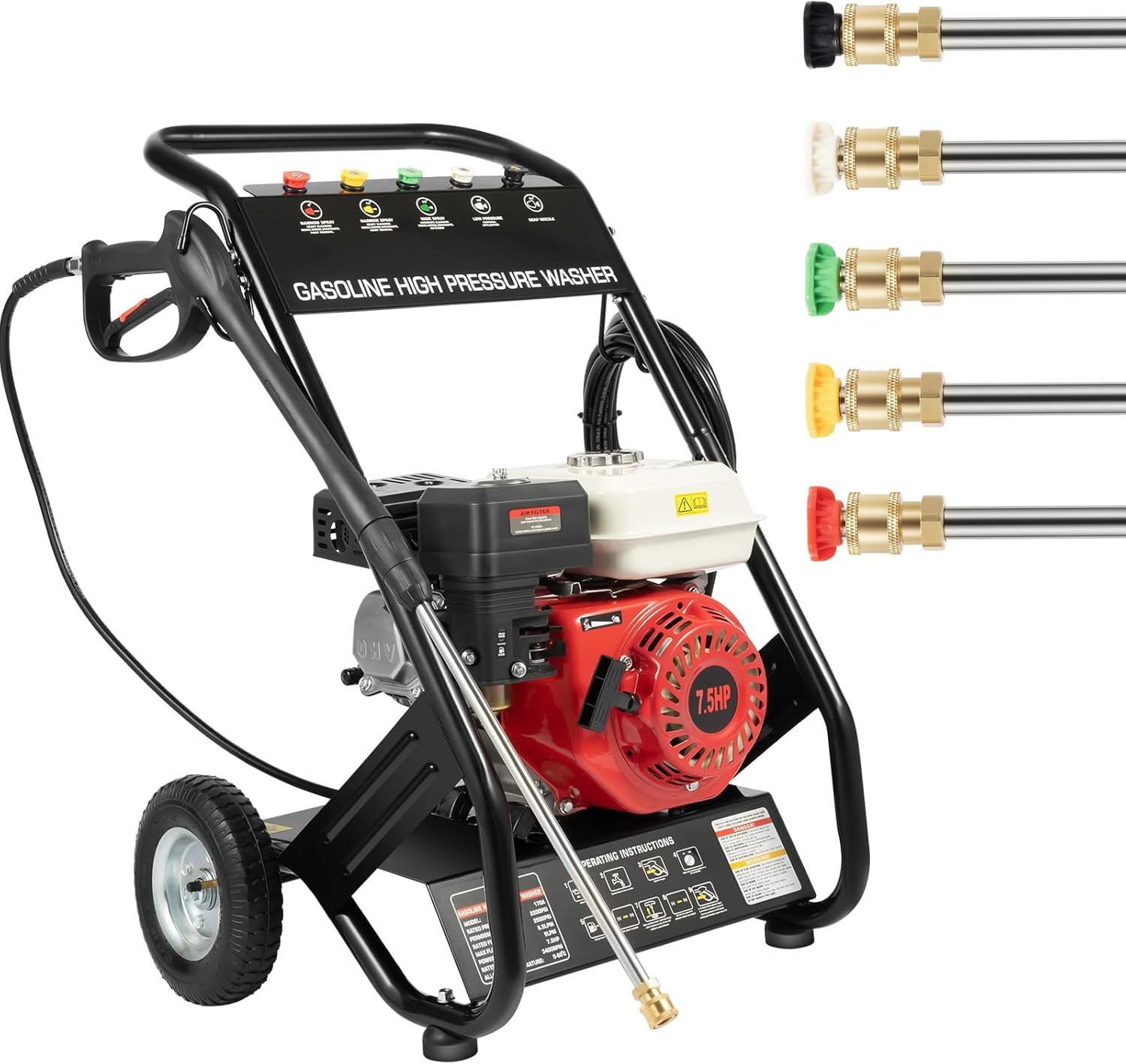 OUKANING Limpiador de alta presión de gasolina para terraza, 4 tiempos, 7,5 HP, 2200 psi, 190 bar, ángulo de boquilla de 0 a 40°, manguera de alta presión de 8 m, con motor de gasolina