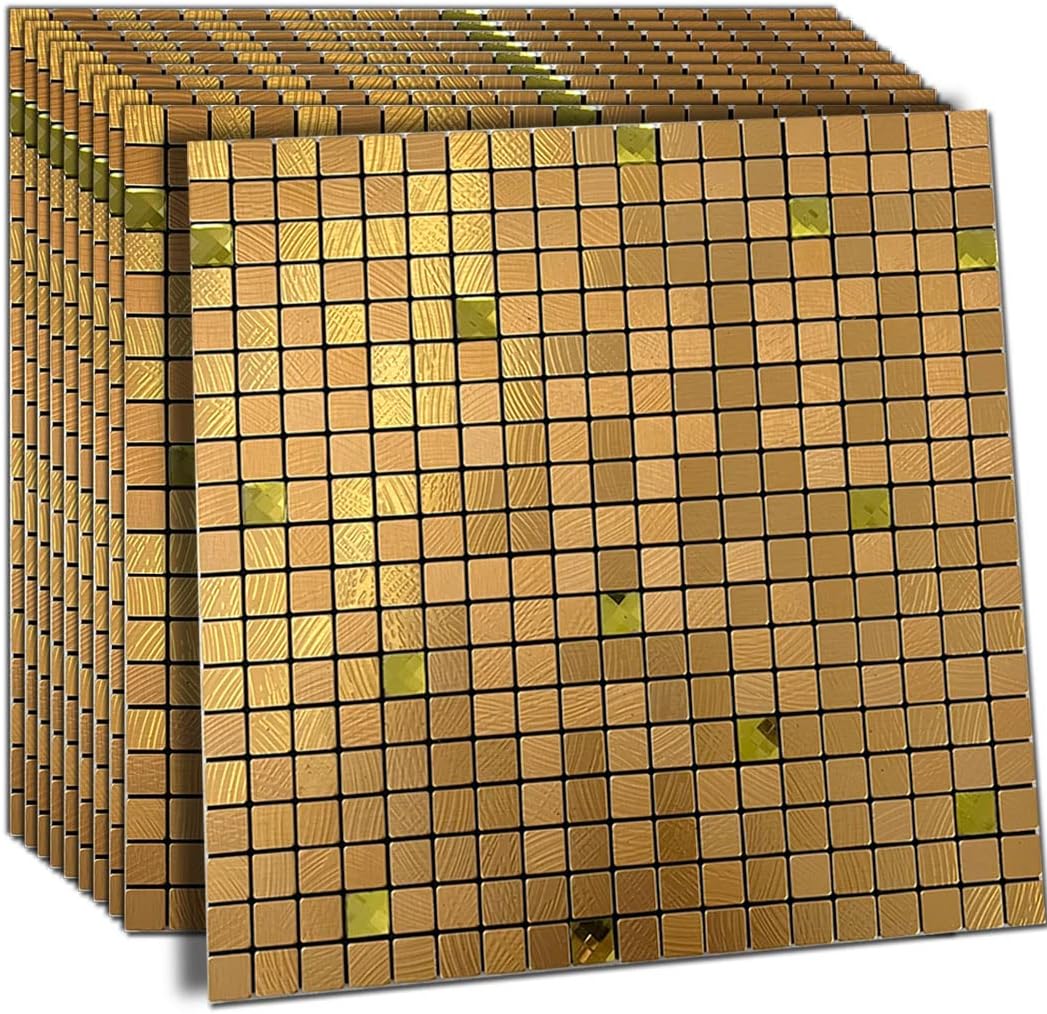 XUANINY Peel and Stick Backsplash Tiles for Kitchen,Bathroom,Fireplace,Self Adhesive Metal Aluminum Mosaic (12"x12") (10, Golden Diamond+634)