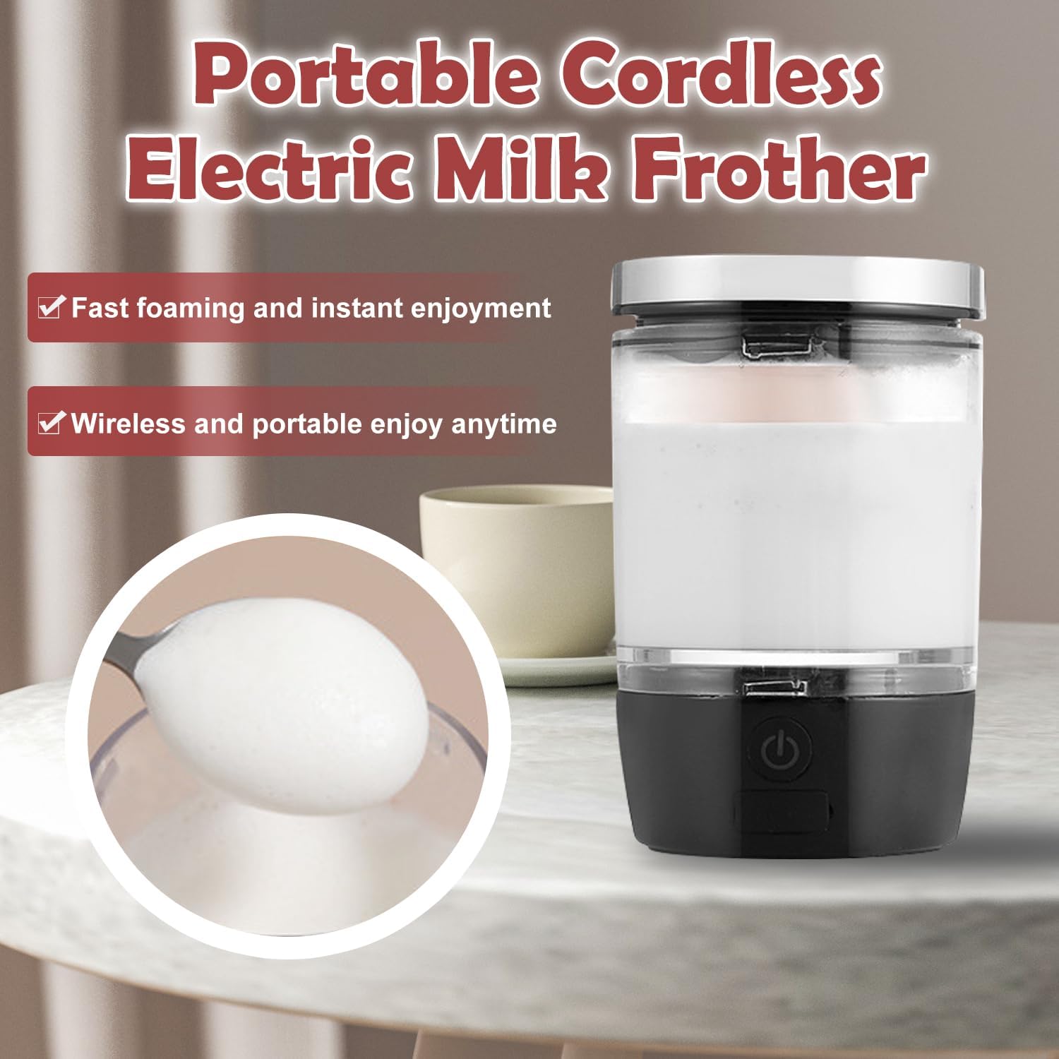 WOOLALA Portable Electric Milk Frother Cordless Coffee Frother with Stainless Steel Whisks Milk Steamer Soft Foam Maker for Coffee