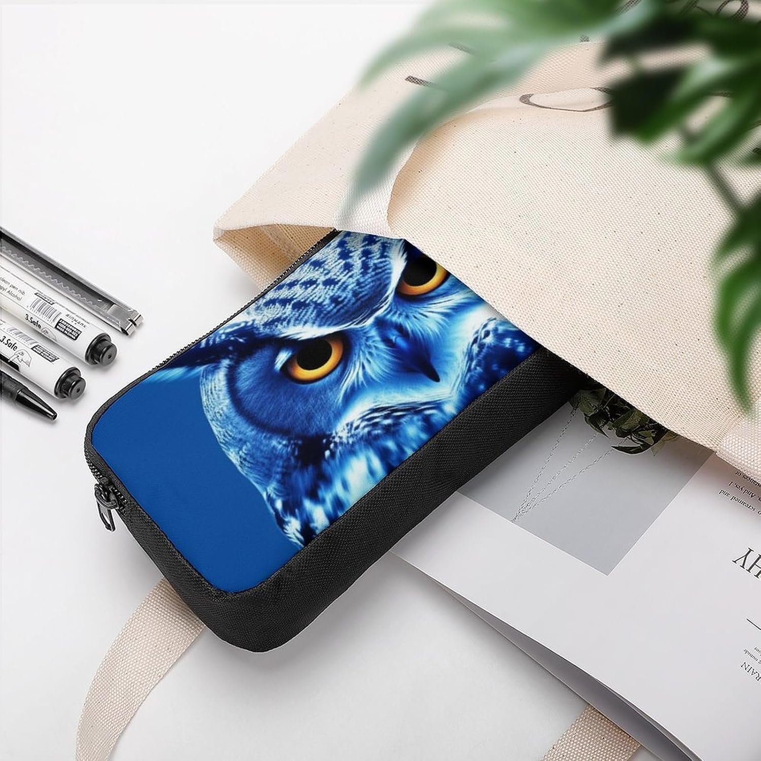 Lightweight Blue Owl Pencil Pouch with Metal Zipper image 5