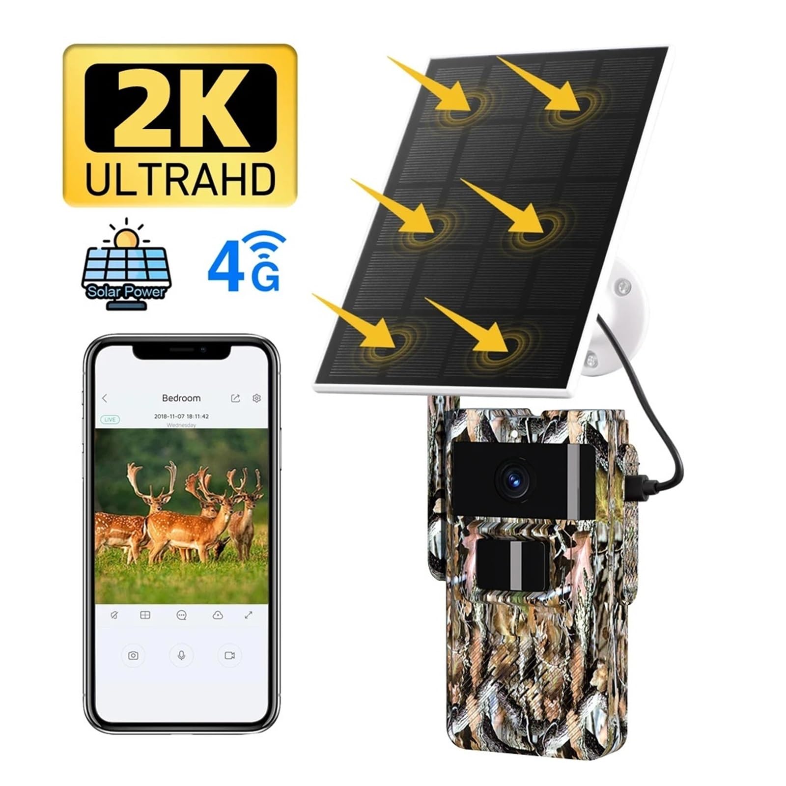 Cámara Vida Silvestre Cámara De Rastreo con Energía Solar 4G 2K, Imágenes 14MP, Visión Nocturna IR, Caza Impermeable IP66 For Monitoreo Vida Silvestre Monitoreo Confiable Preciso(4G Trail CAM)