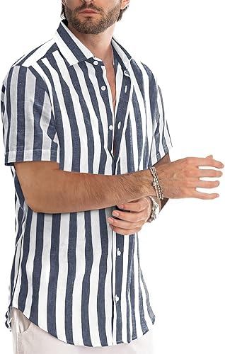 Miniatura 202 de JMIERR Camisas de vestir a rayas con botones y manga corta para hombre