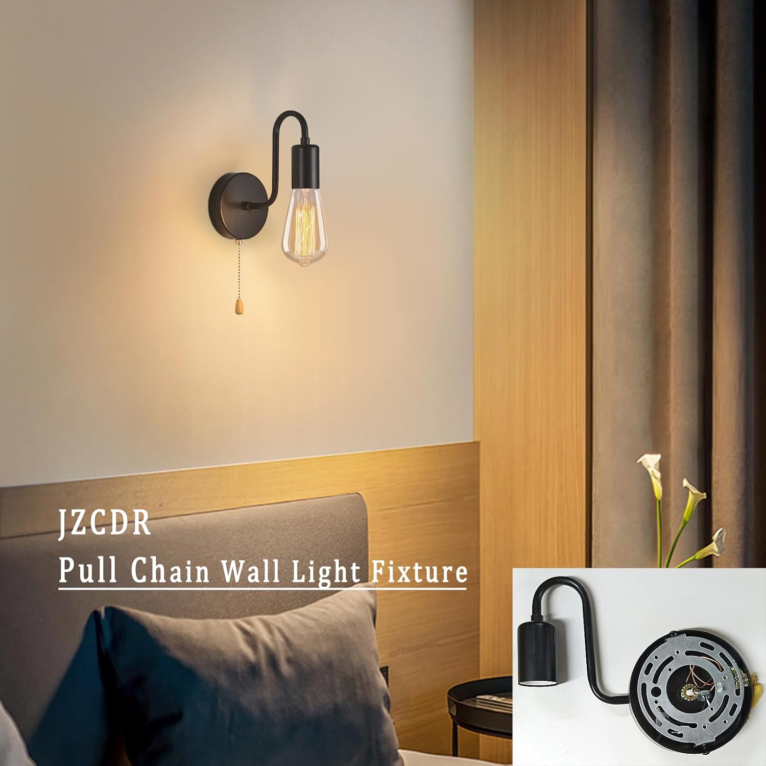 Vintage Pull Chain Wall Sconce Light with Switch Black Wall Lights Fixture Retro E26 Industrial Farmhouse Wall Lamp Hard Wired Sconces Lighting for Mirror Bedroom Bathroom Hallway (1-Light)