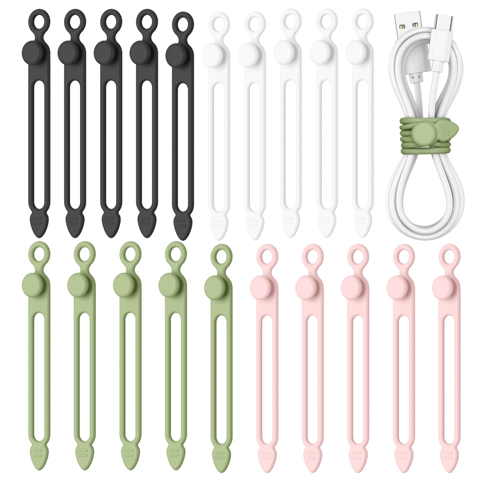 Silicone Cable Ties, Reusable Cable Management Organizer – 20 Pack 4.2 inch Multipurpose Elastic Cord Straps for Bundling Headphone TV USB Computer Cords Wires (Black/White/Pink/Green)-image-4