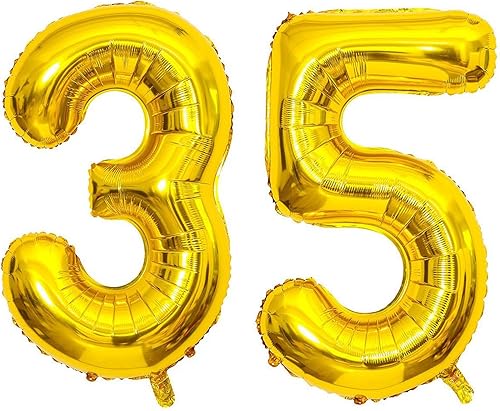 Miniatura 8 de SHUNTAI Decoraciones de cumpleaños número 35 para hombres y mujeres, globos dorados de aluminio con números 35, globos de aluminio de Mylar con el