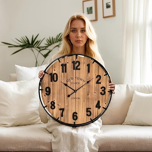 Miniatura 2 de Reloj de pared grande de 20 pulgadas con diseño rústico de madera antigua con círculo de metal y números grandes, silencioso, funciona con pilas,