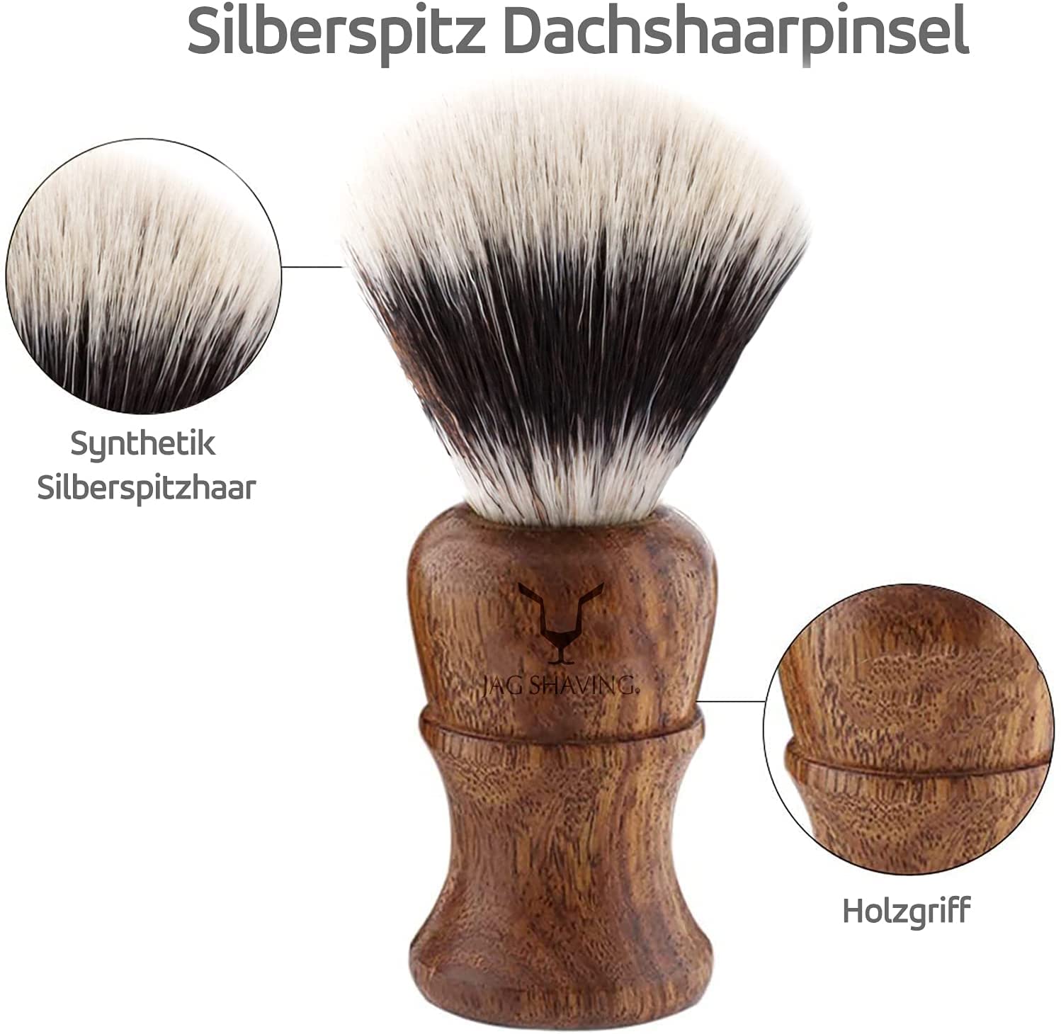 Jag Shaving Zestaw do golenia – zrównoważony 4-częściowy zestaw do golenia z drewna – syntetyczny pędzel do golenia ze srebrnymi włosami – 3 ostrza do golenia – stojak do golenia – skórzany pokrowiec