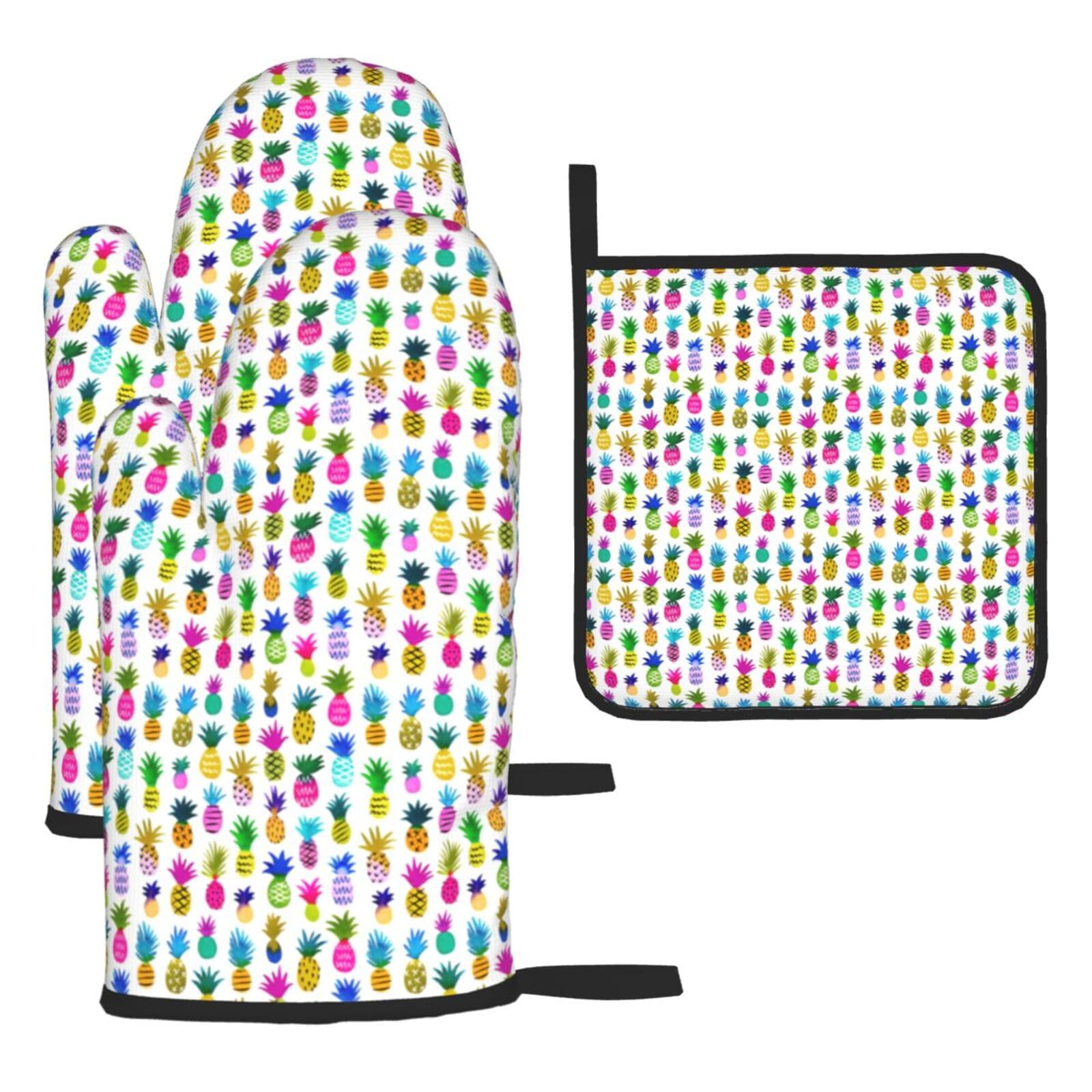 Rainbow Pineapple Print Oven Mitts Kitchen Gloves Set Everyday Baking Grilling Microwaving Cooking Gift
