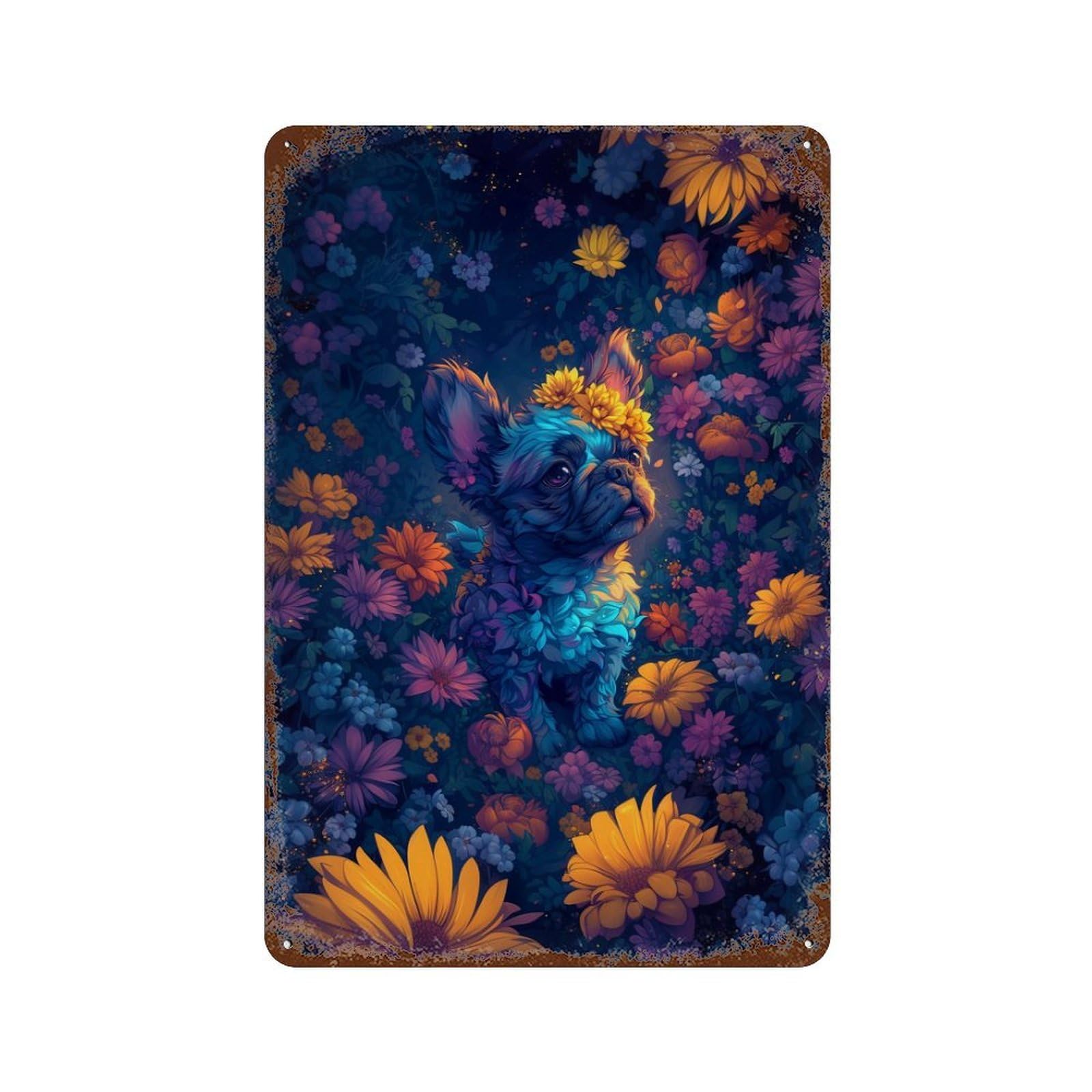 Floral Fantasy Vibrant Dog Artwork Rustic Tin Plaque 11.8"x7.9", Novelty Wall Decor for Garage, Pub Or Kitchen