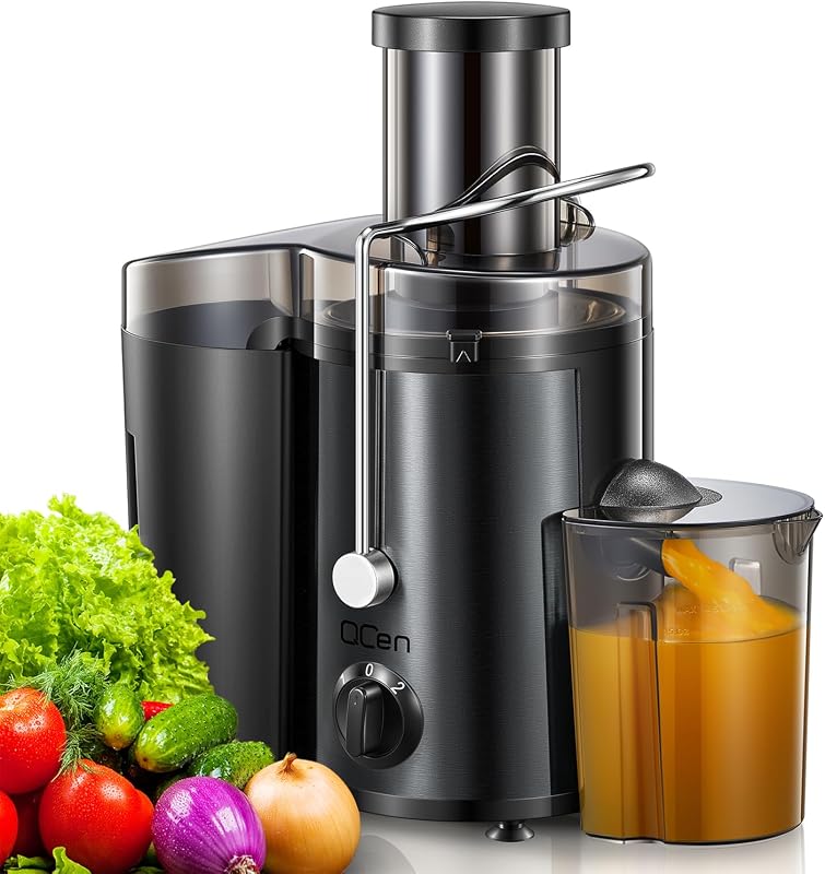 QCen Juicer Machine 500W Centrifugal Juicer with Extra Wide Feed Chute | For Fruits And Vegetables, Stainless Steel, BPA-Free Parts, Easy To Clean, Metallic Black, Countertop Juicer