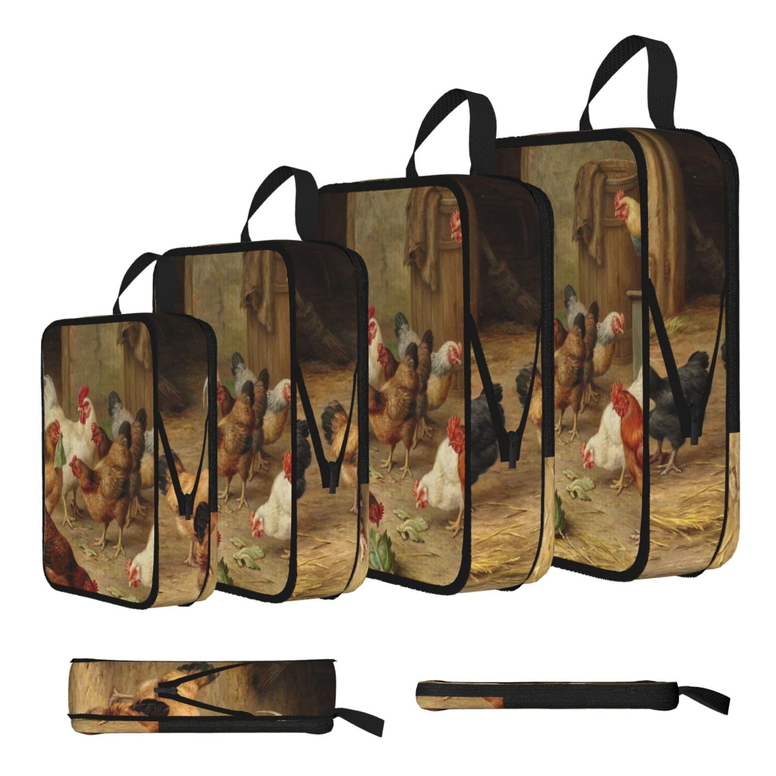 Esnaiuvcd Black Roast Chicken Hen Farm Print 4 Set Compression Packing Cubes For Suitcases,Expandable Storage Bags Organizers