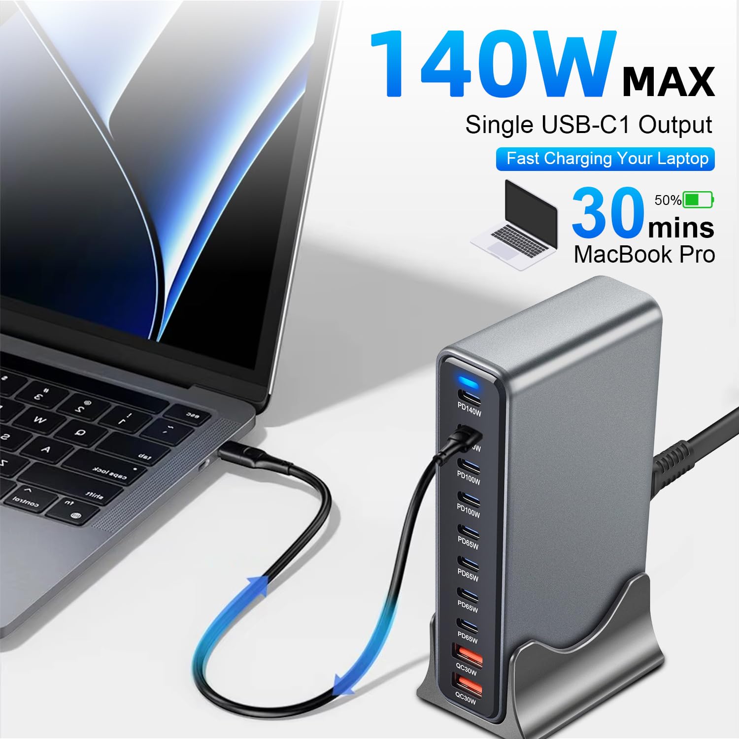 Caricatore USB multiplo da 800 W, 10 porte, con 8 USB C + 2 USB A, stazione di ricarica per più dispositivi, compatibile con MacBook, iPad, iPhone serie 16/15/14