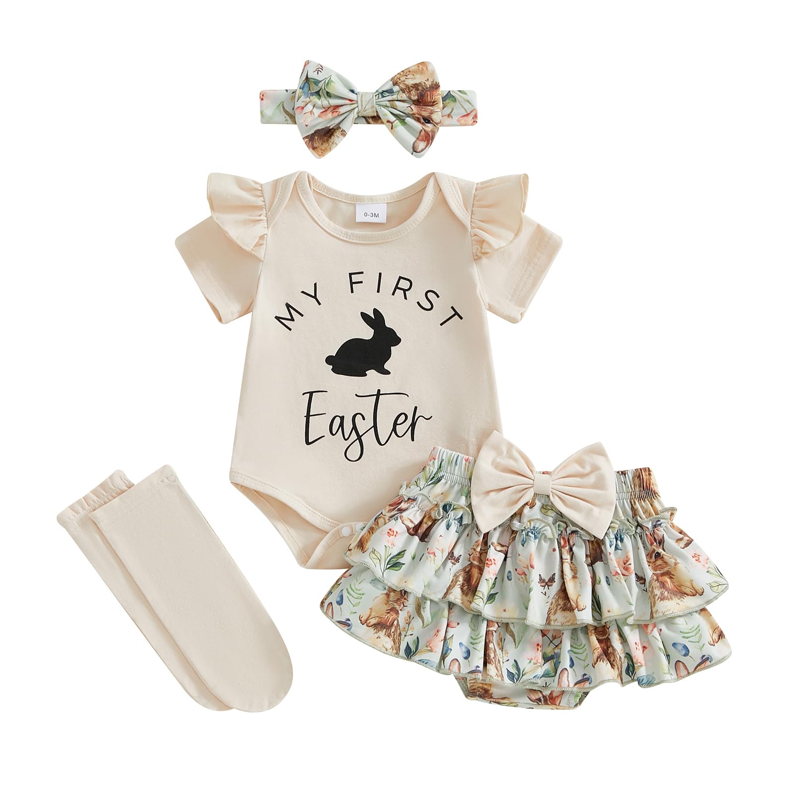 YINGISFITM My First Easter Baby Girl Outfit Short Sleeve Bunny Romper Ruffle Floral Shorts Skirts Sets Newborn Easter Outfits (Beige A, 9-12 Months)