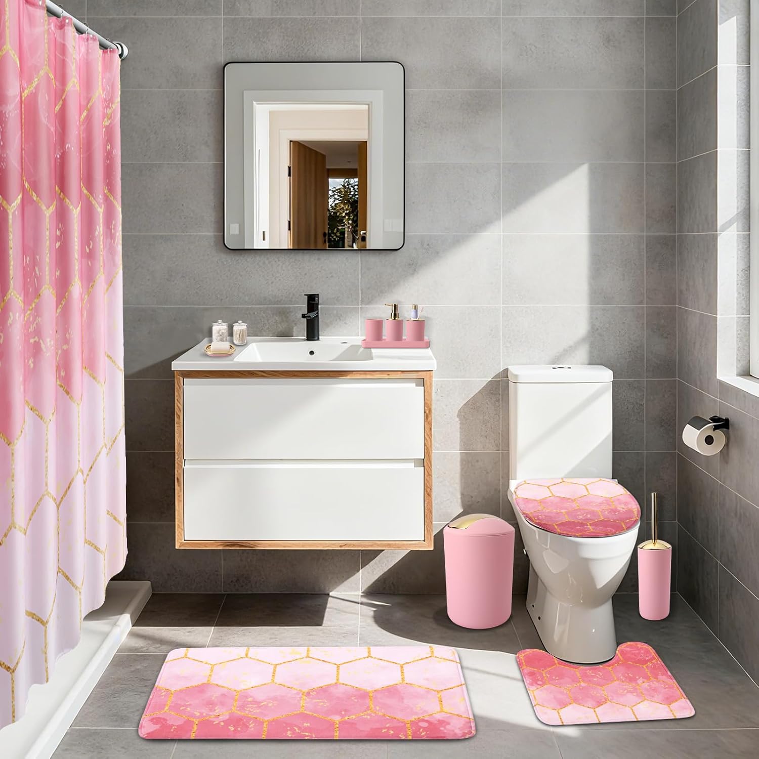 25 Pieces Bathroom Set Pink and Gold Bathroom Accessories Set, Shower Curtain and Rugs, Trash Can, Toilet Brush, Soap Dispenser, Soap Dish, Toothbrush Holder, Tumbler, Tray, Qtip Holder for Home Decor