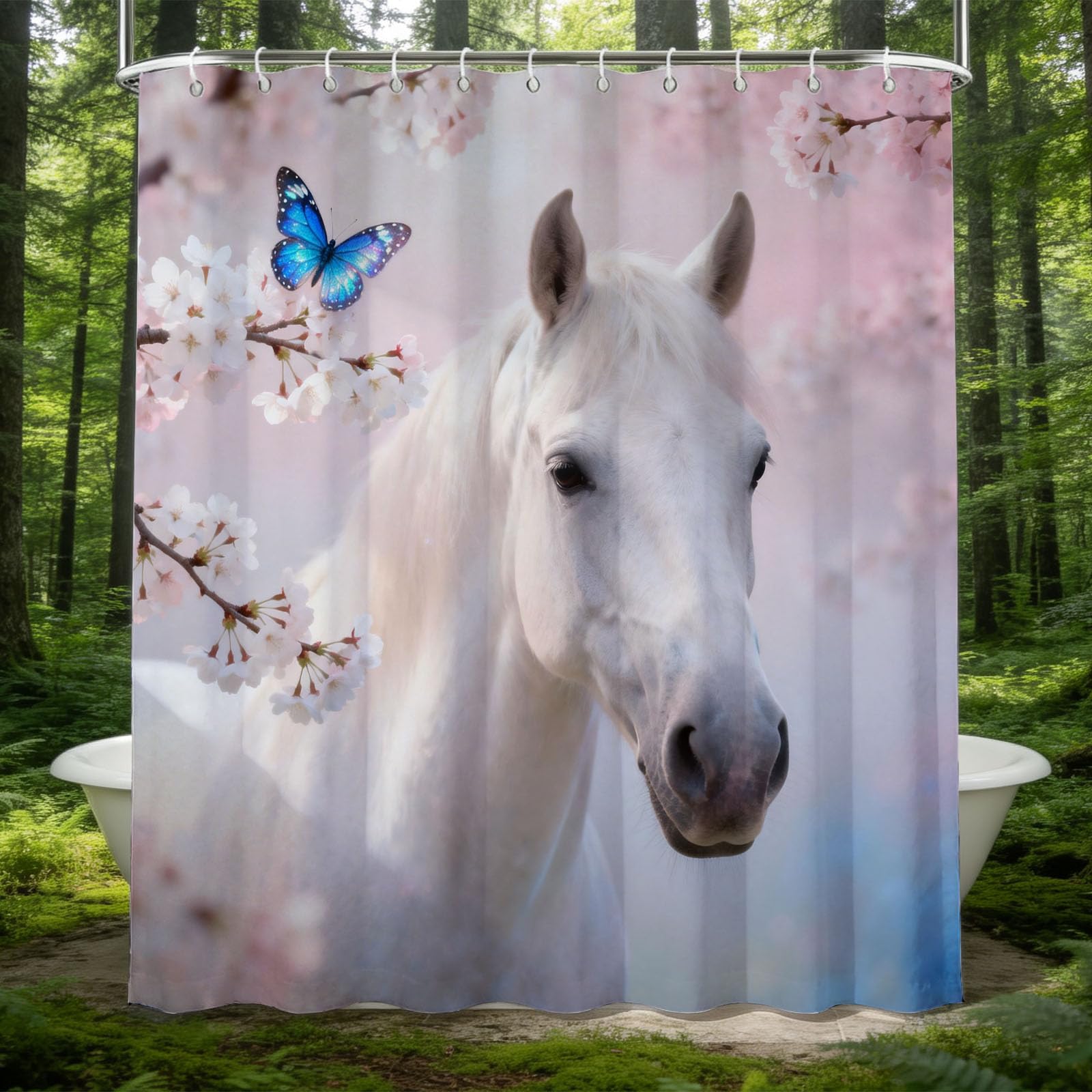 Hongduo White 3D Snowy Horse Shower Curtain For Stalls Bathtubs Dreamy Bathroom Decor Shower Curtain Set Polyester Fabric Waterproof 180X180cm/71X71 Inch With Hooks
