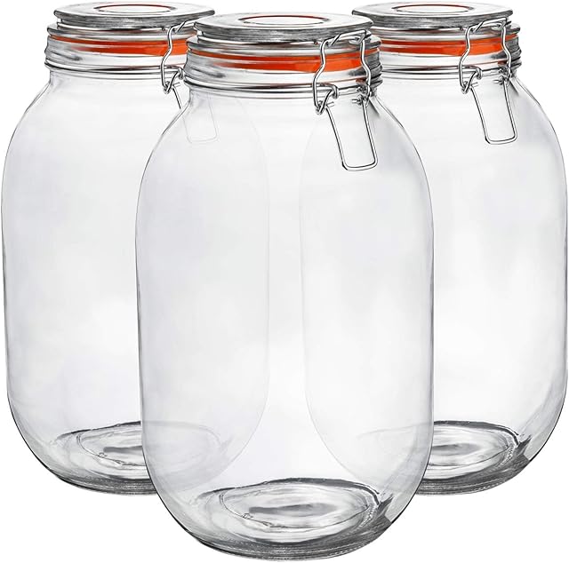 Argon Tableware 3x 3000ml (3 Litre) Clear Glass Storage Jars with Orange Airtight Silicone Seal and Metal Clip Lids - 105.5oz Large Empty Kitchen Containers