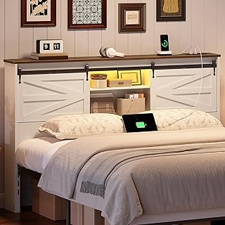 HOOBRO Queen Headboard with Storage Shelf, Farmhouse Queen Headboard Only with Charging Station & LED Lights, Bookcase Headboards for Bedroom, 2 Tiers Storage, White and Walnut