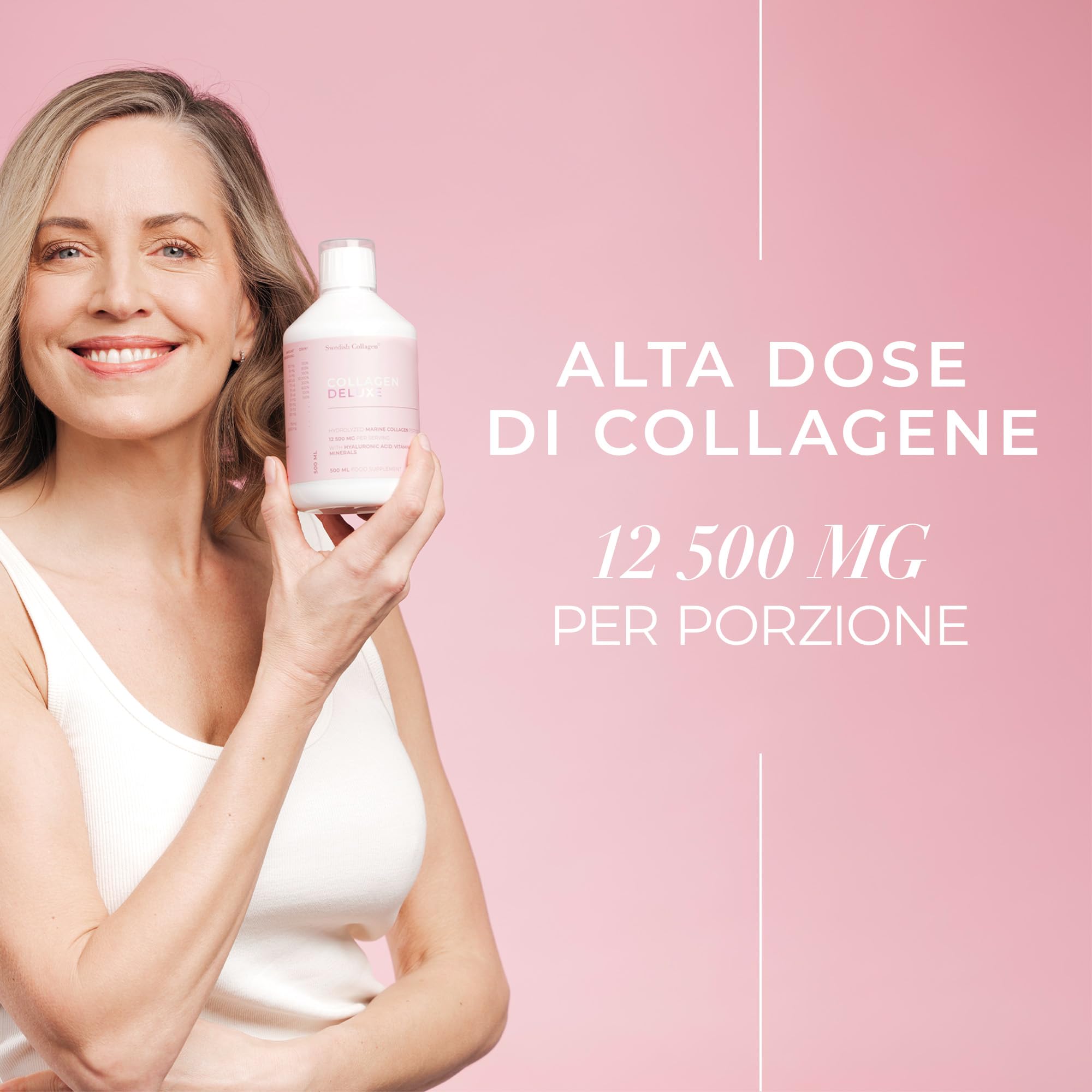 Swedish Collagen - Collagen Deluxe 500 ml Peptidi di Collagene Marino Idrolizzato | 12.500 mg Collagene | Con Acido Ialuronico, Vitamine e Minerali