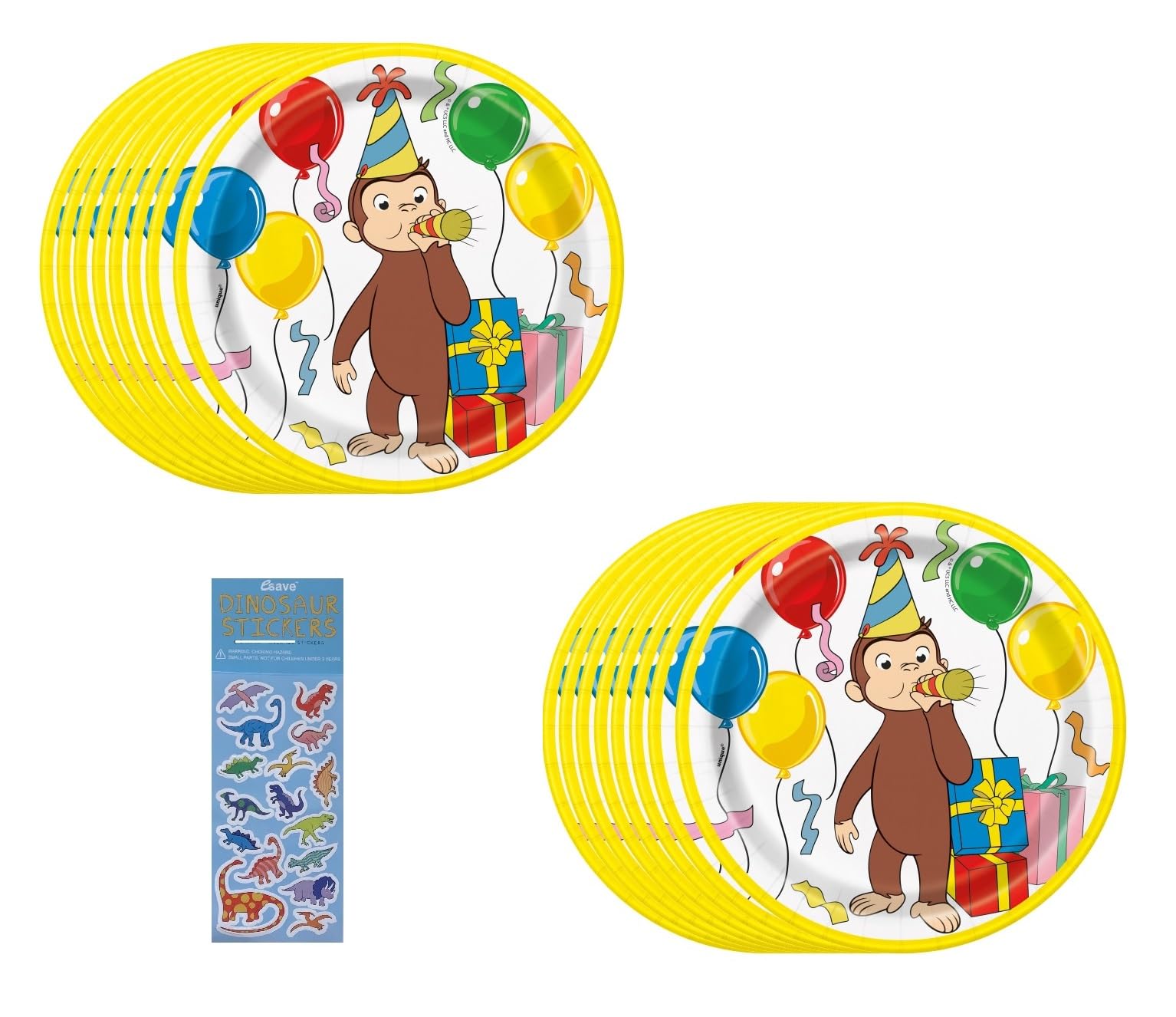Unique Curious George Birthday Baby Shower Party Supplies Bundle Pack includes 16 Dessert Cake Paper Plates and 1 Dinosaur Sticker Sheet
