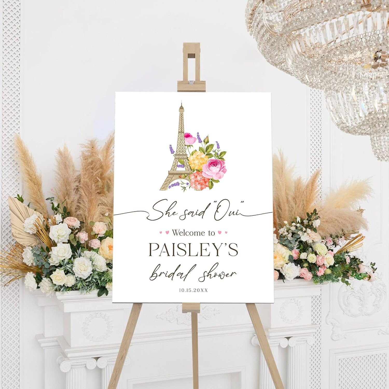 QSIPVANG She Said Oui Bridal Shower Welcome Sign Custom Paris Themed Floral Sign for Bride-to-Be Indoor Outdoor Décor French Bridal Party Decoration Elegant Wedding Shower Entrance Poster